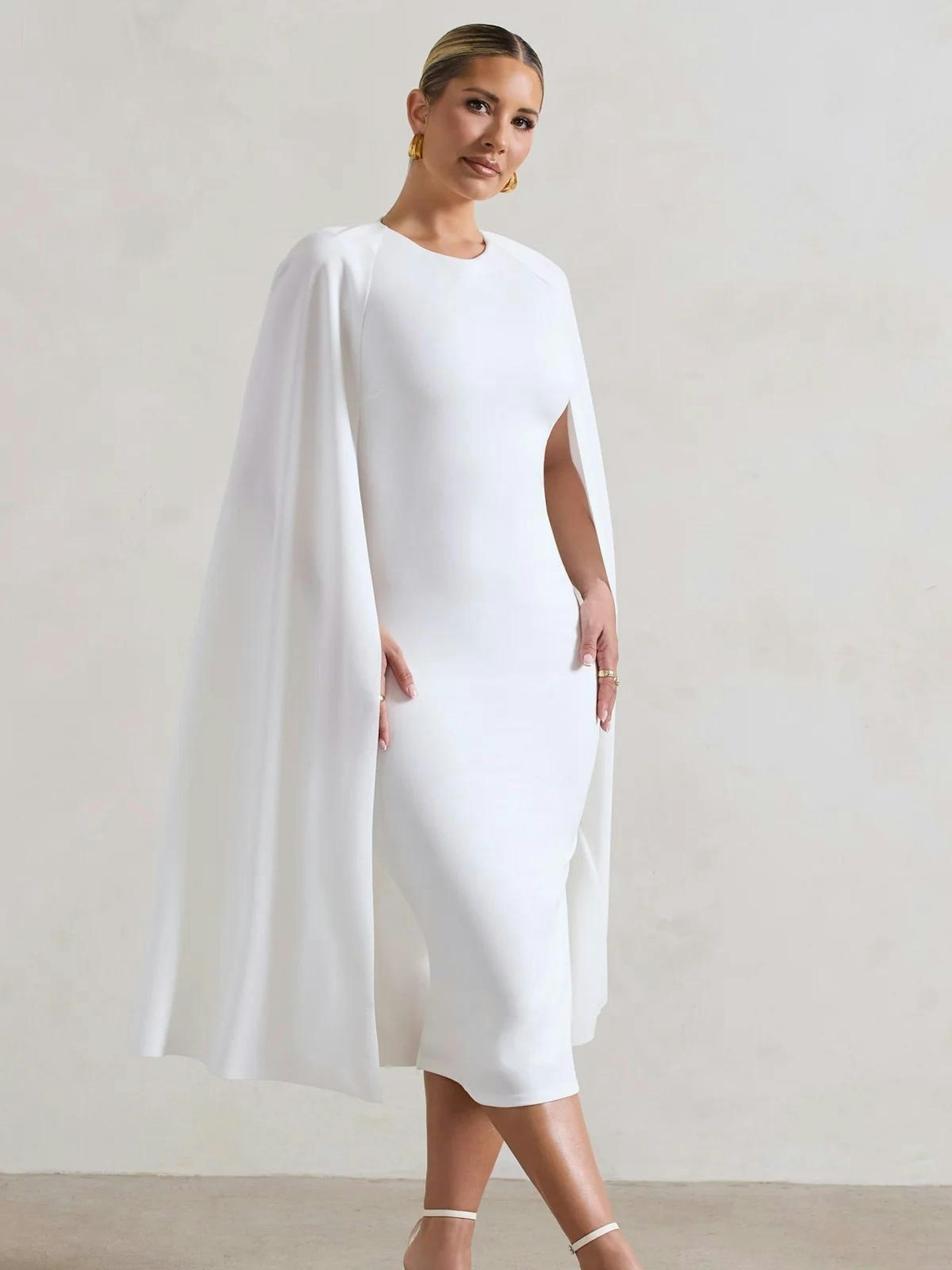 Club L London Rafaela White Bodycon Midi Dress With Cape Sleeves