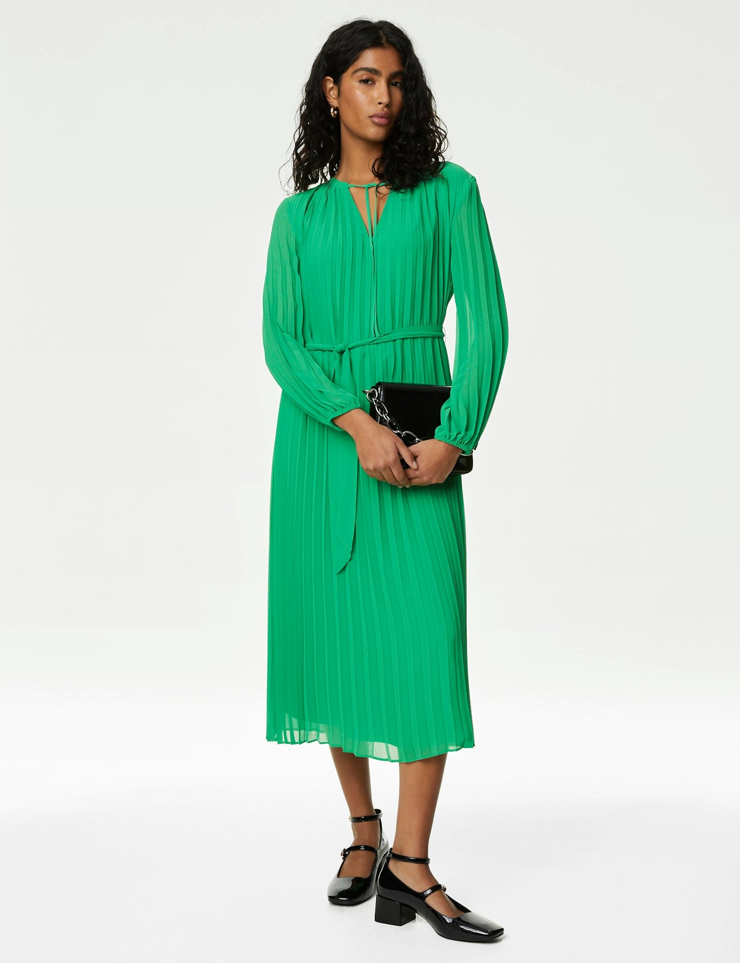 M&S Tie Neck Pleated Detail Midi Dress 