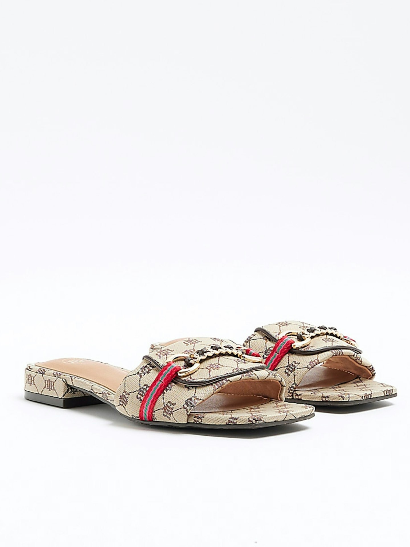 River Island Beige Monogram Buckle Mule Sandals