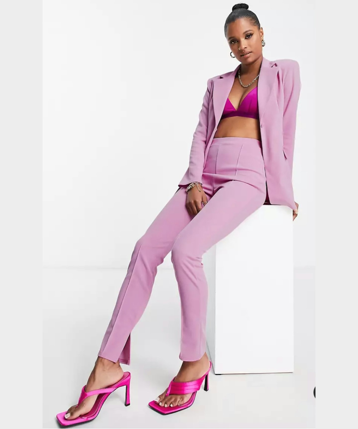 ASOS DESIGN Petite Jersey Suit Strong Shoulder Nipped Waist Blazer in Pink