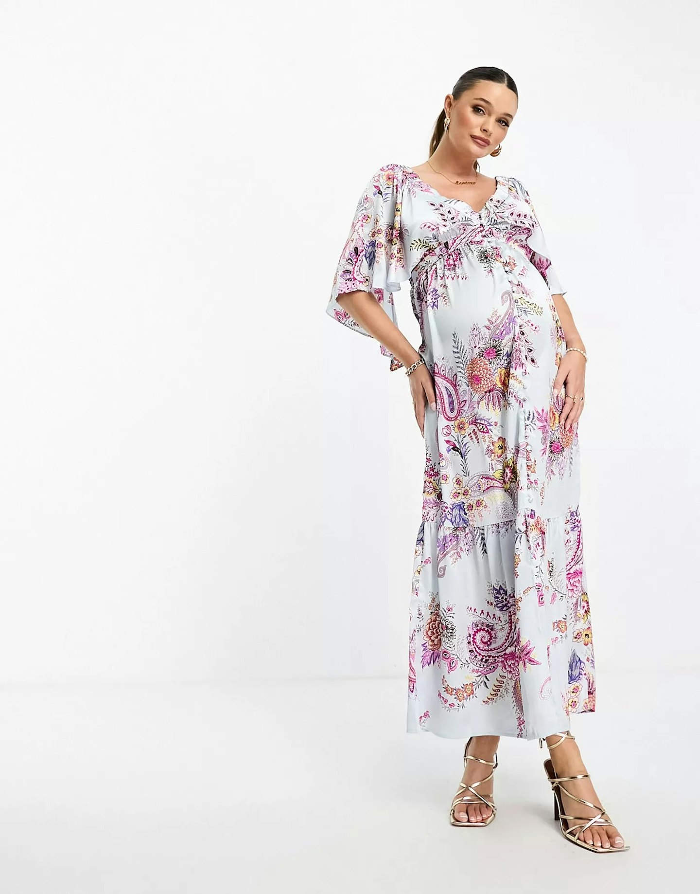 ASOS DESIGN Maternity Satin Flutter Sleeve V-Neck Maxi Dress With Tier Hem In Paisley Print