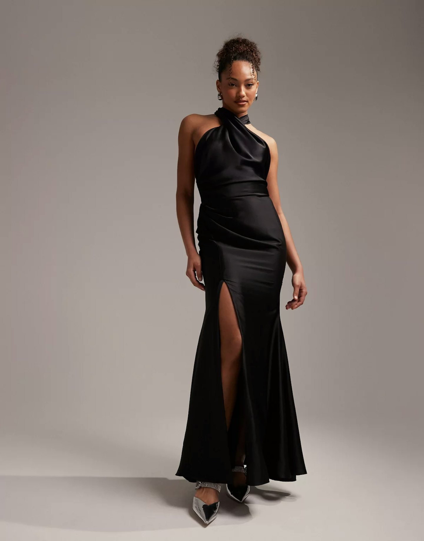 ASOS DESIGN Satin Halter Maxi Dress With Tie Back In Black
