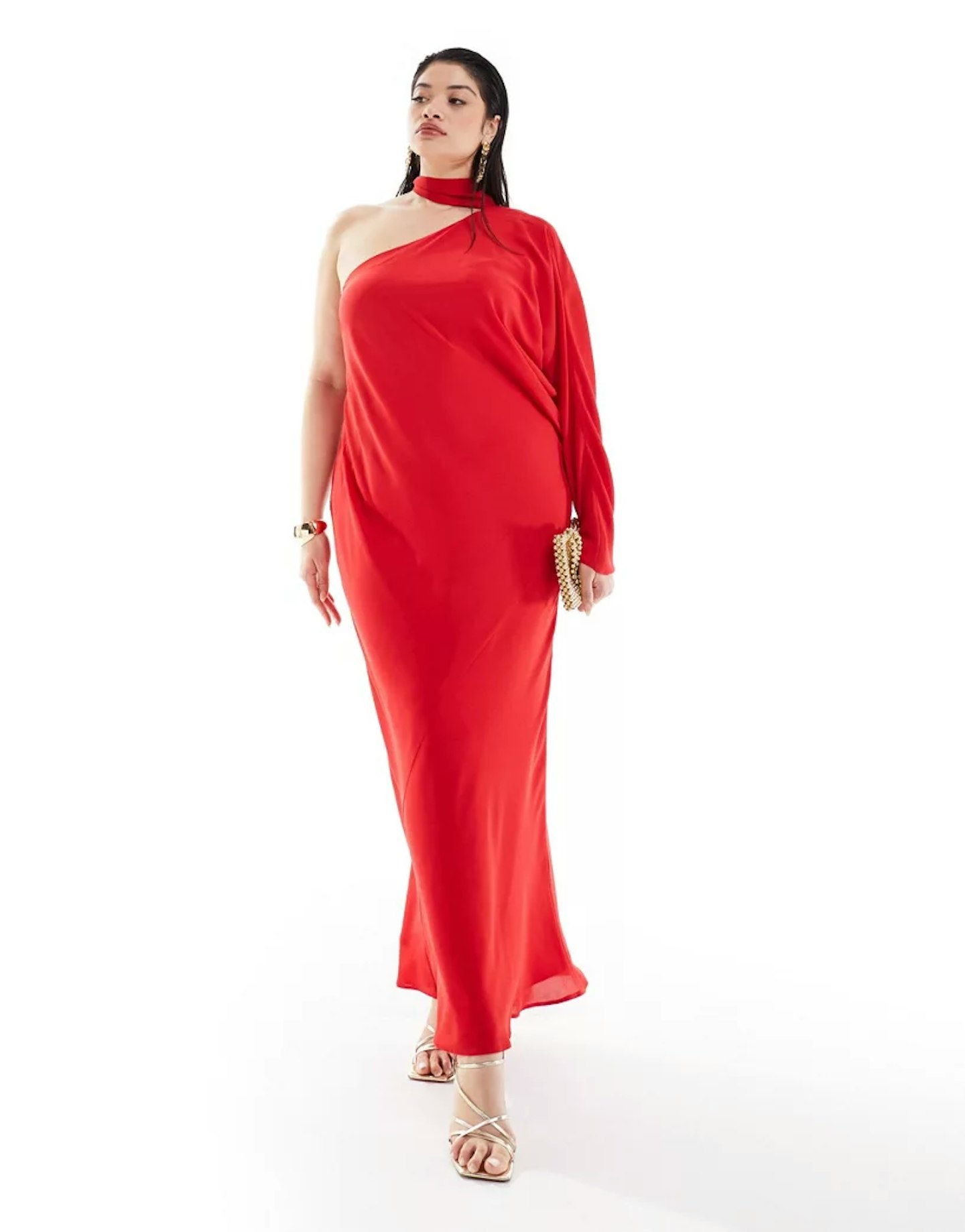 ASOS Design Curve Exclusive One Sleeve Tie Neck Maxi Dress With Batwing Detail in Red