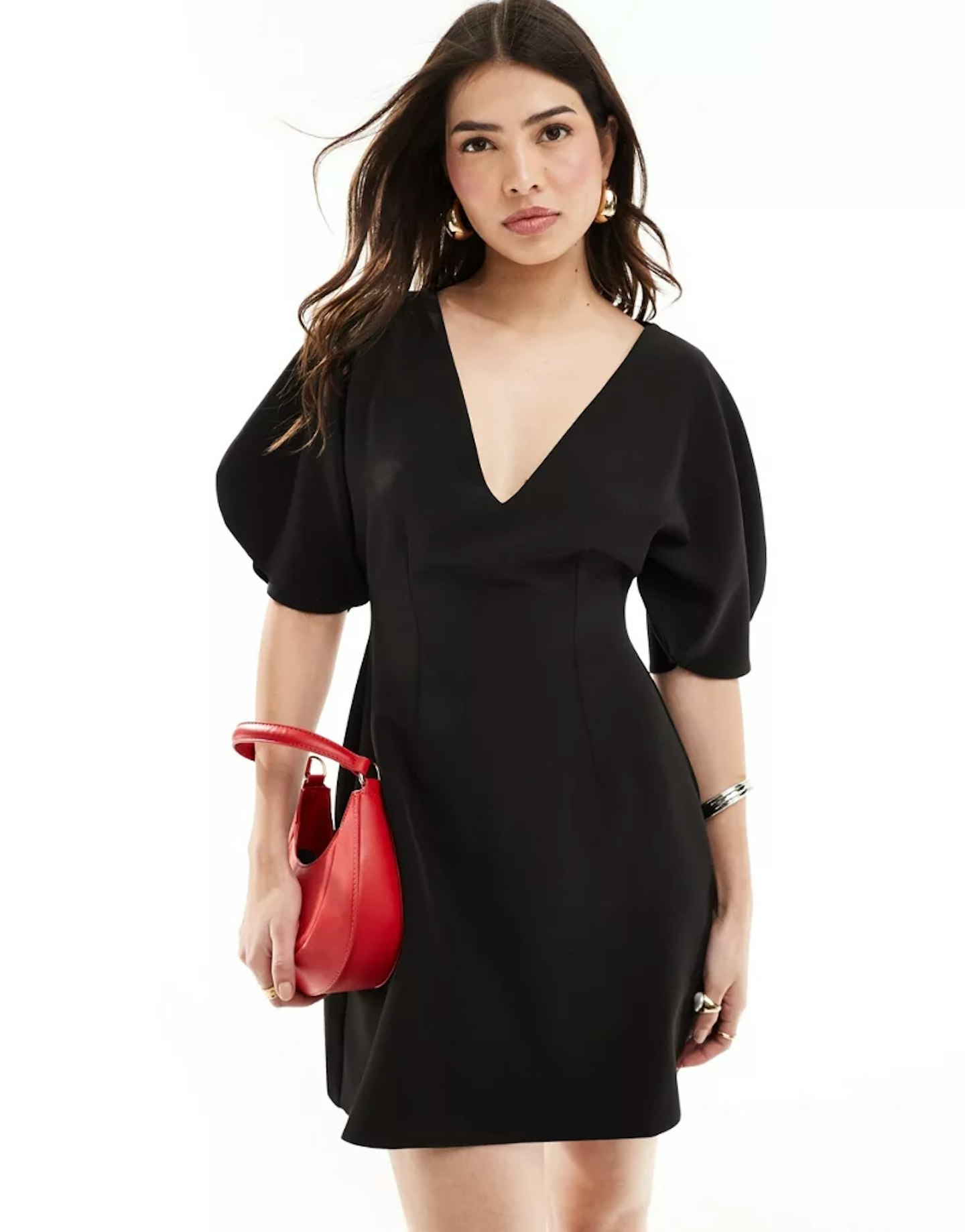 ASOS DESIGN V-Neck Volume Sleeve Mini Dress In Black