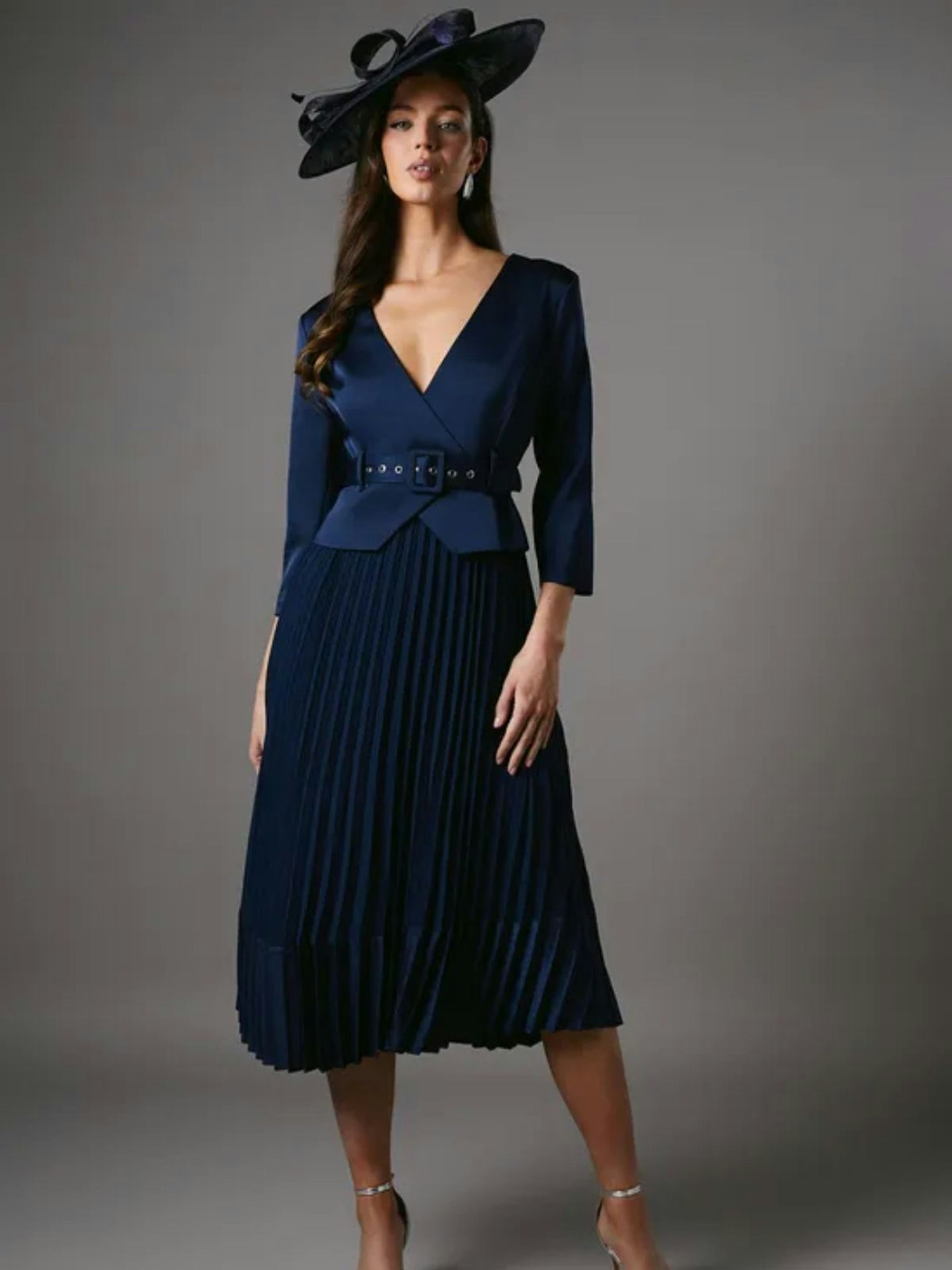 Coast Satin Bodice ¾ Sleeve Pleat Skirt Belted Midi Dress