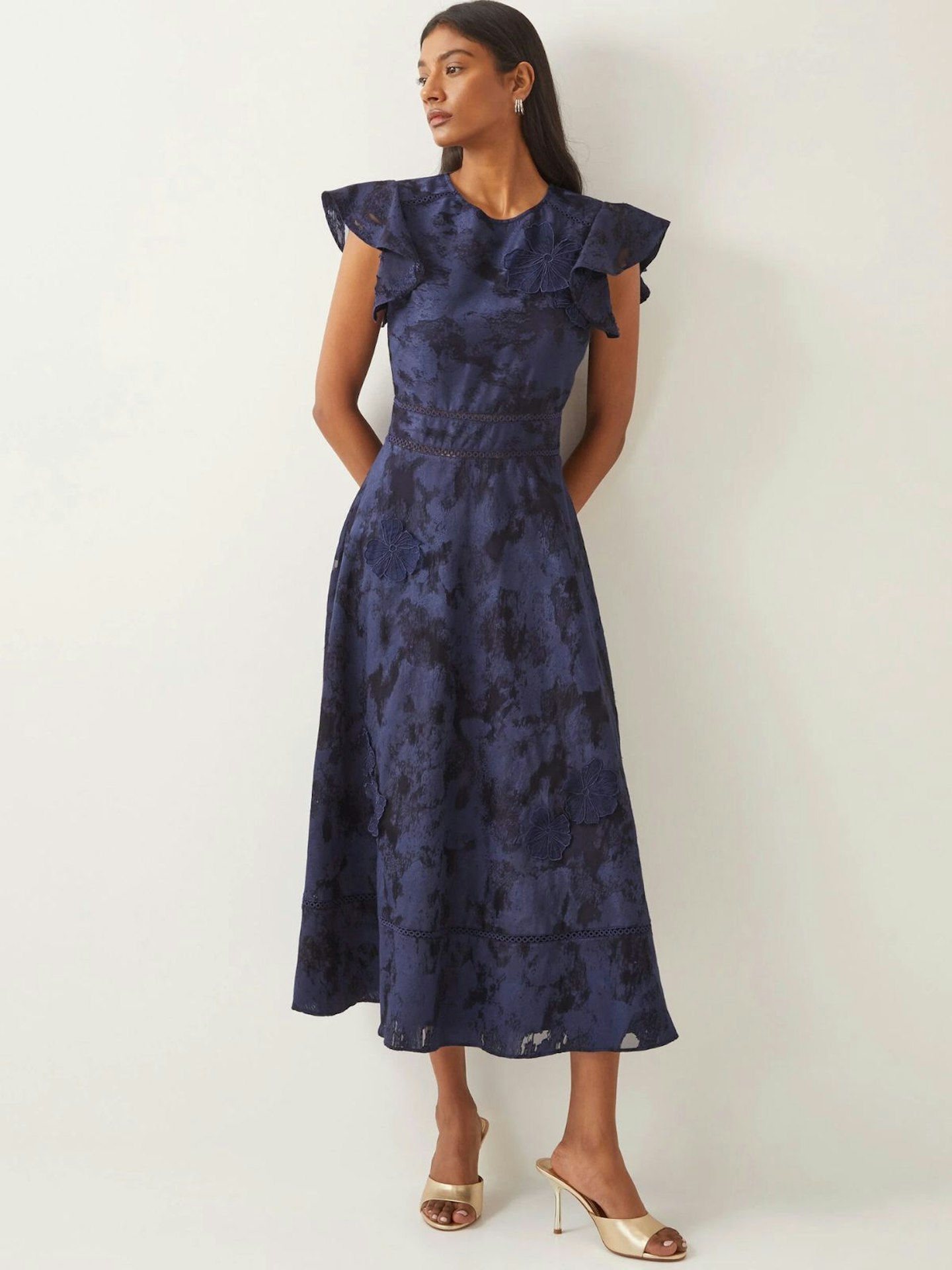Josie Flutter Sleeve Floral Jacquard Midi Dress