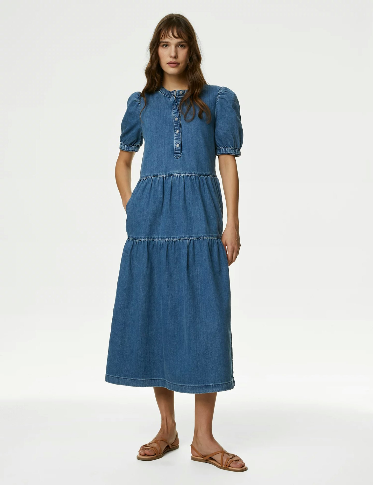 M&S Collection Denim Button Front Midi Tiered Dress