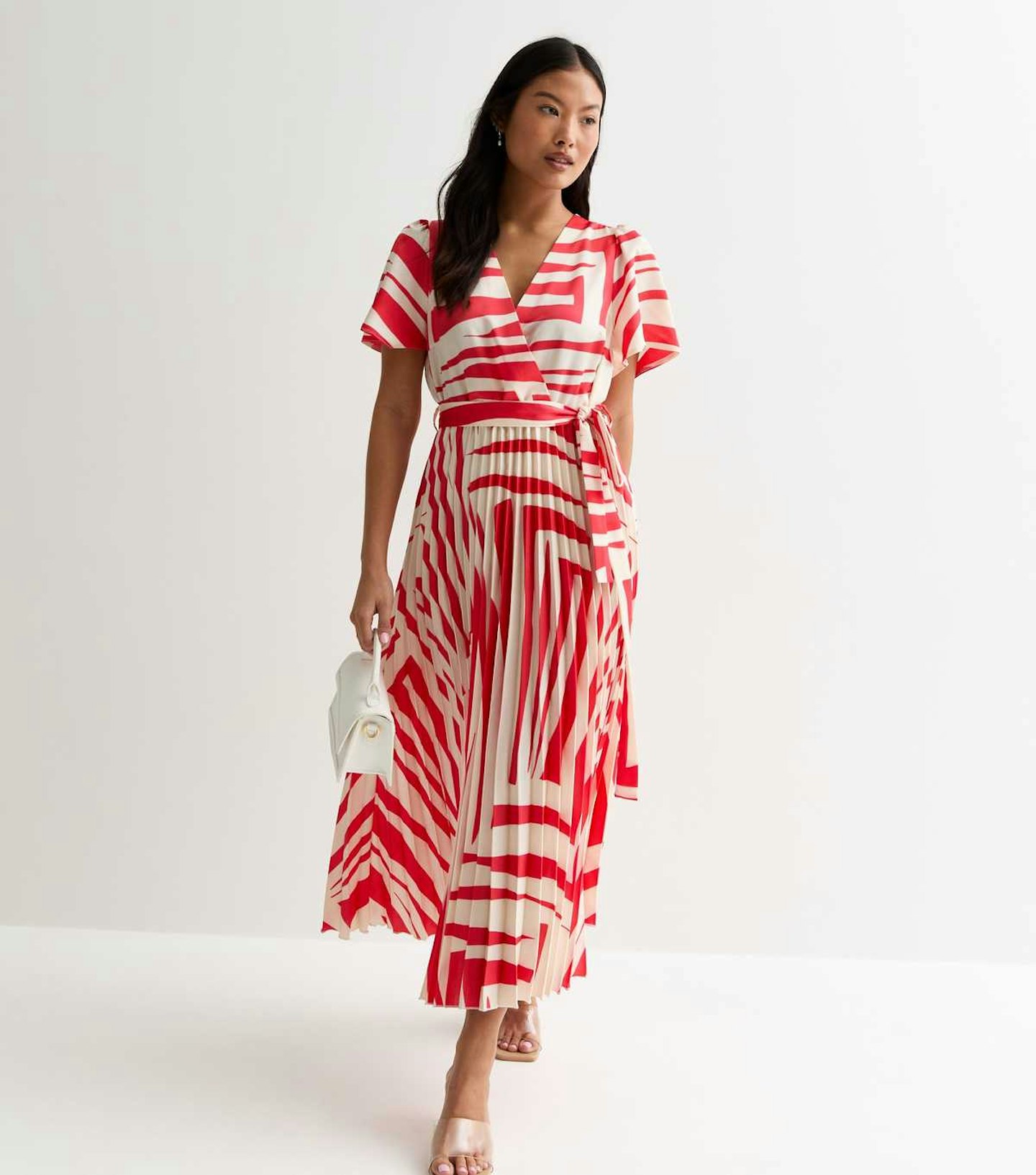 New Look Petite Red Mark Making Pleated Satin Midi Dress 