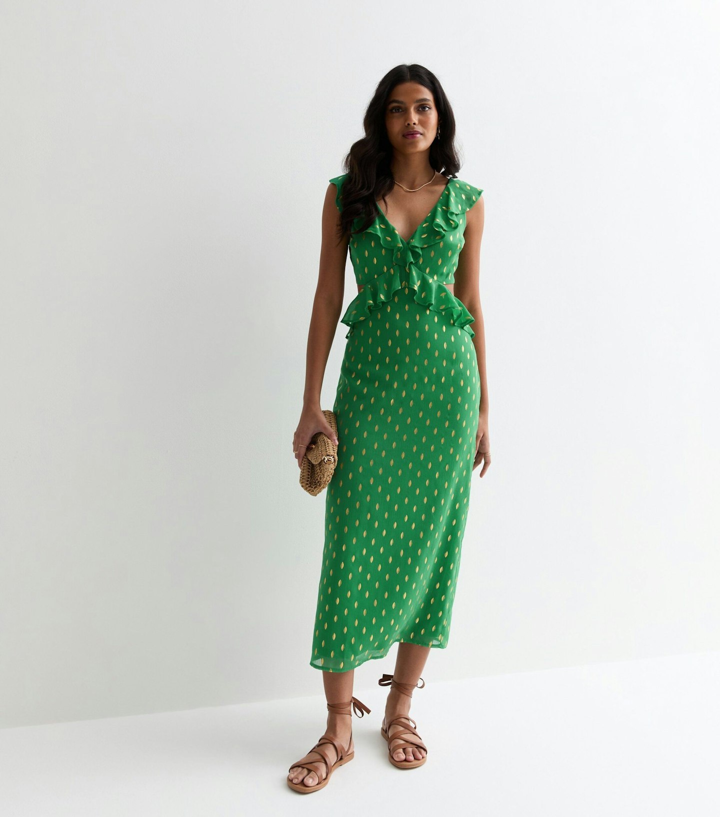 Green Gold Foil Print Sleeveless Ruffle Cut Out Midi Dress