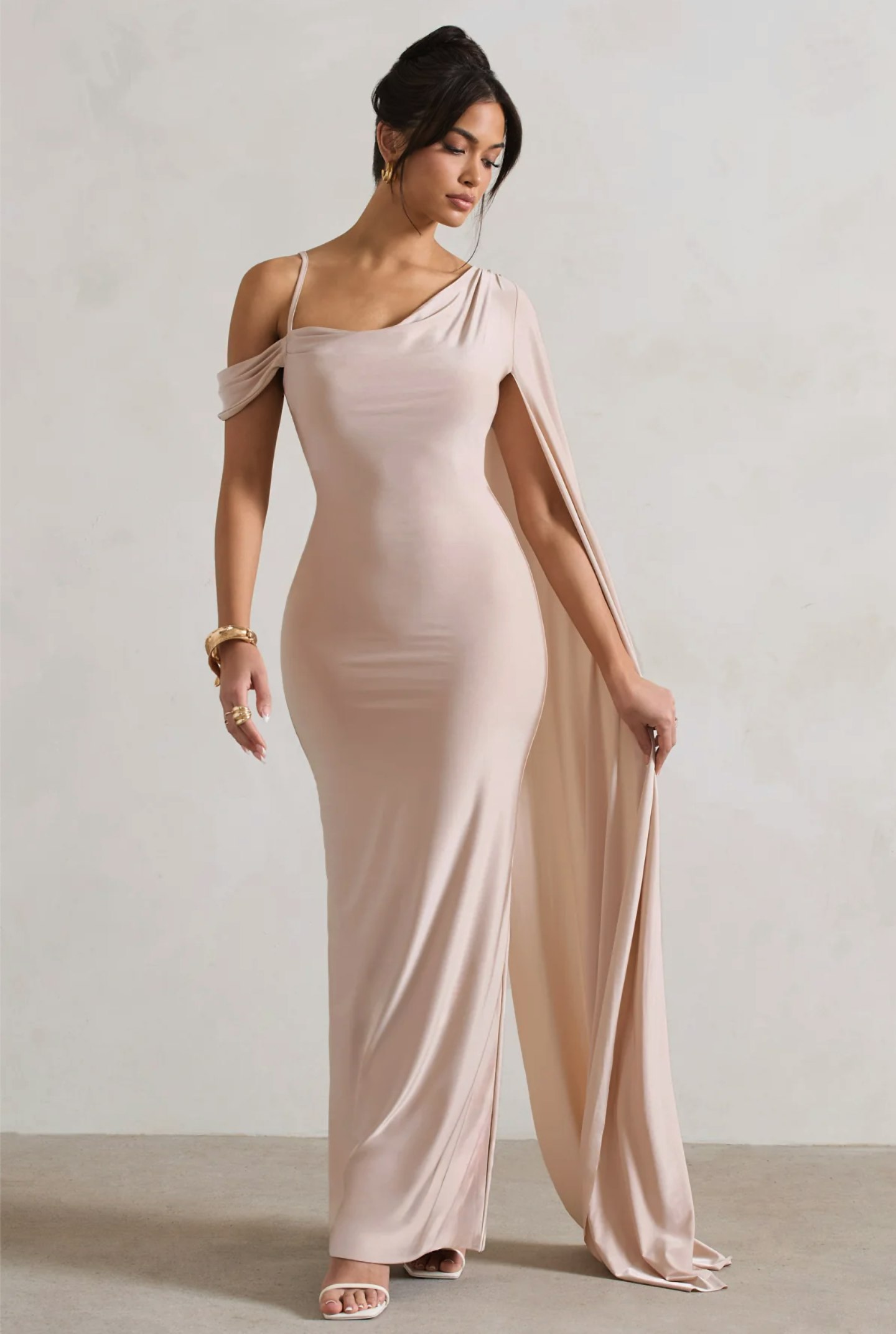 Club L London Champagne One Shoulder Cape Sleeve Draped Maxi Dress