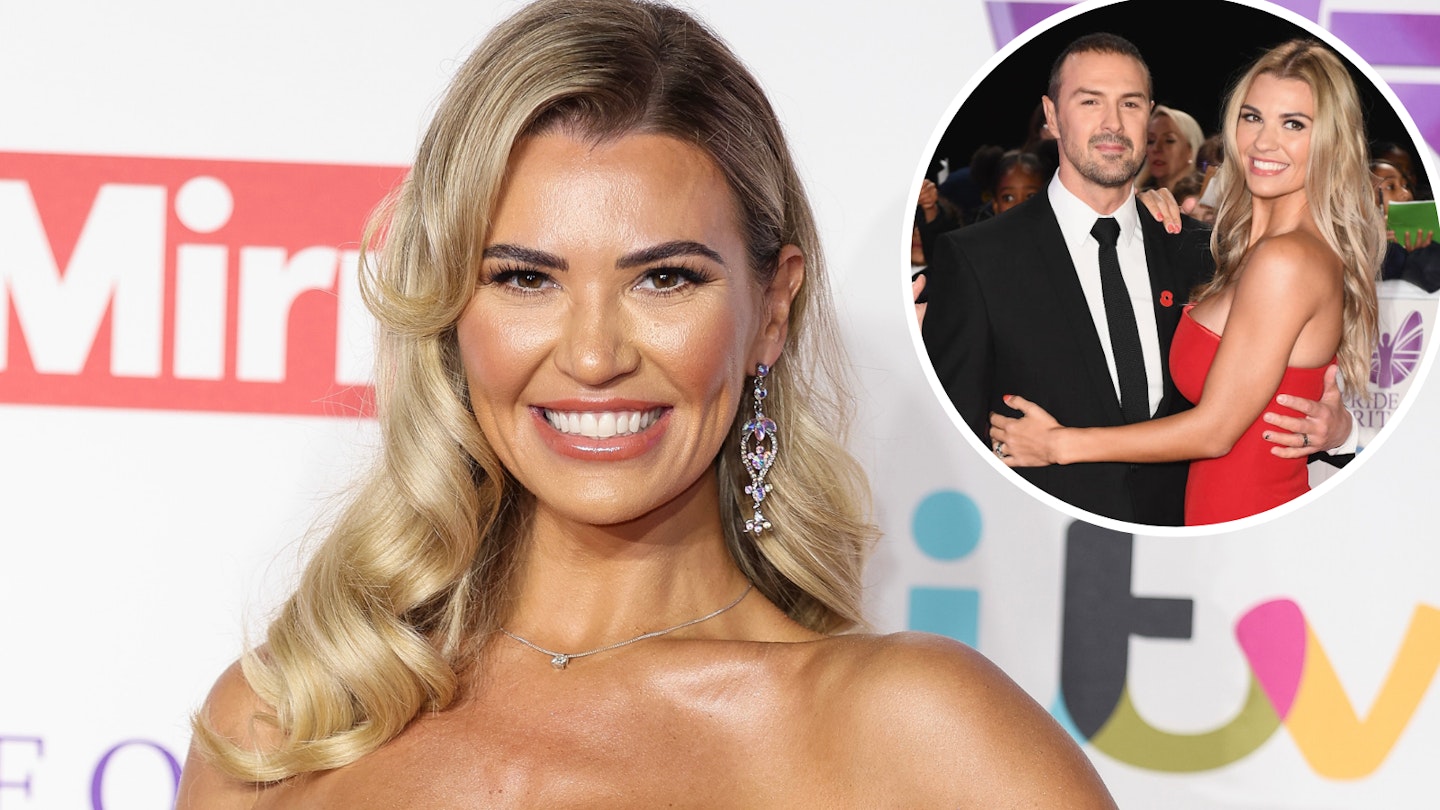 Christine McGuinness smiling alongside a picture of her and ex-husband Paddy