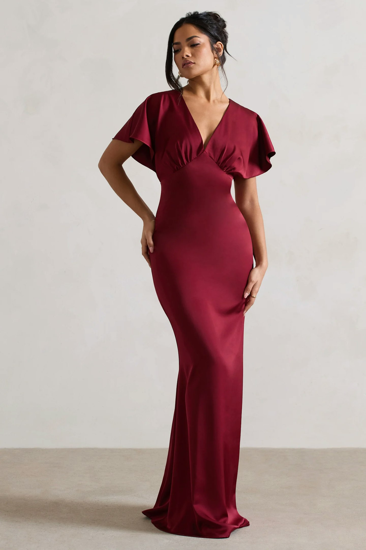 Club L London Marisa Berry Satin V-Neck Flutter-Sleeve Maxi Dress 