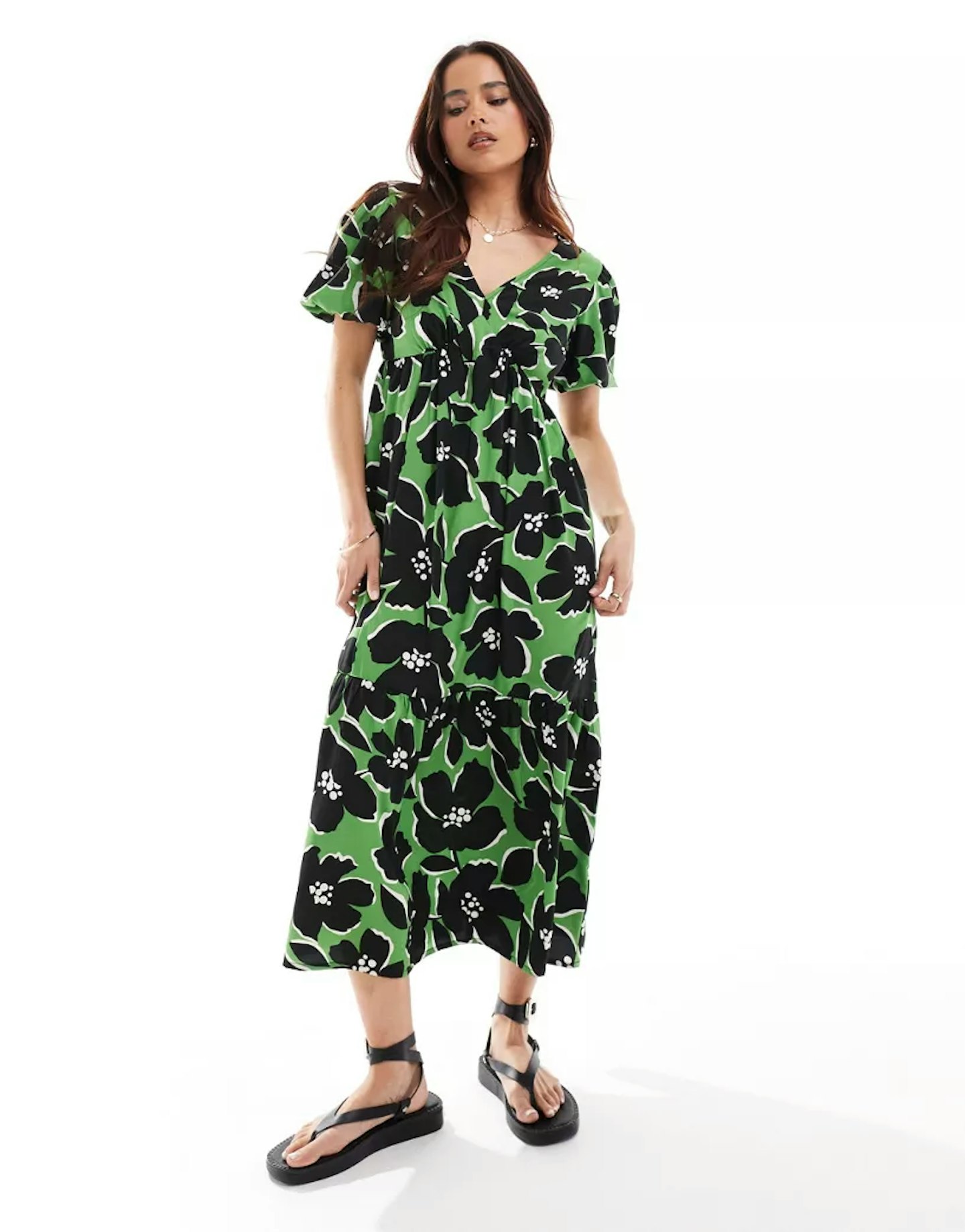 Wednesday's Girl Bold Bloom V-Neck Smock Dress in Green And Black