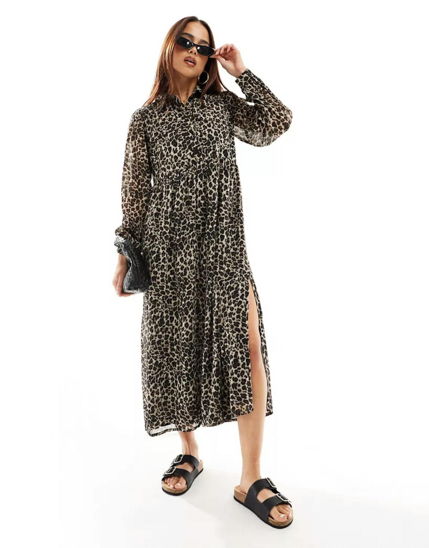 Wednesday's Girl Bold Leopard Print Midaxi Shirt Dress In Brown