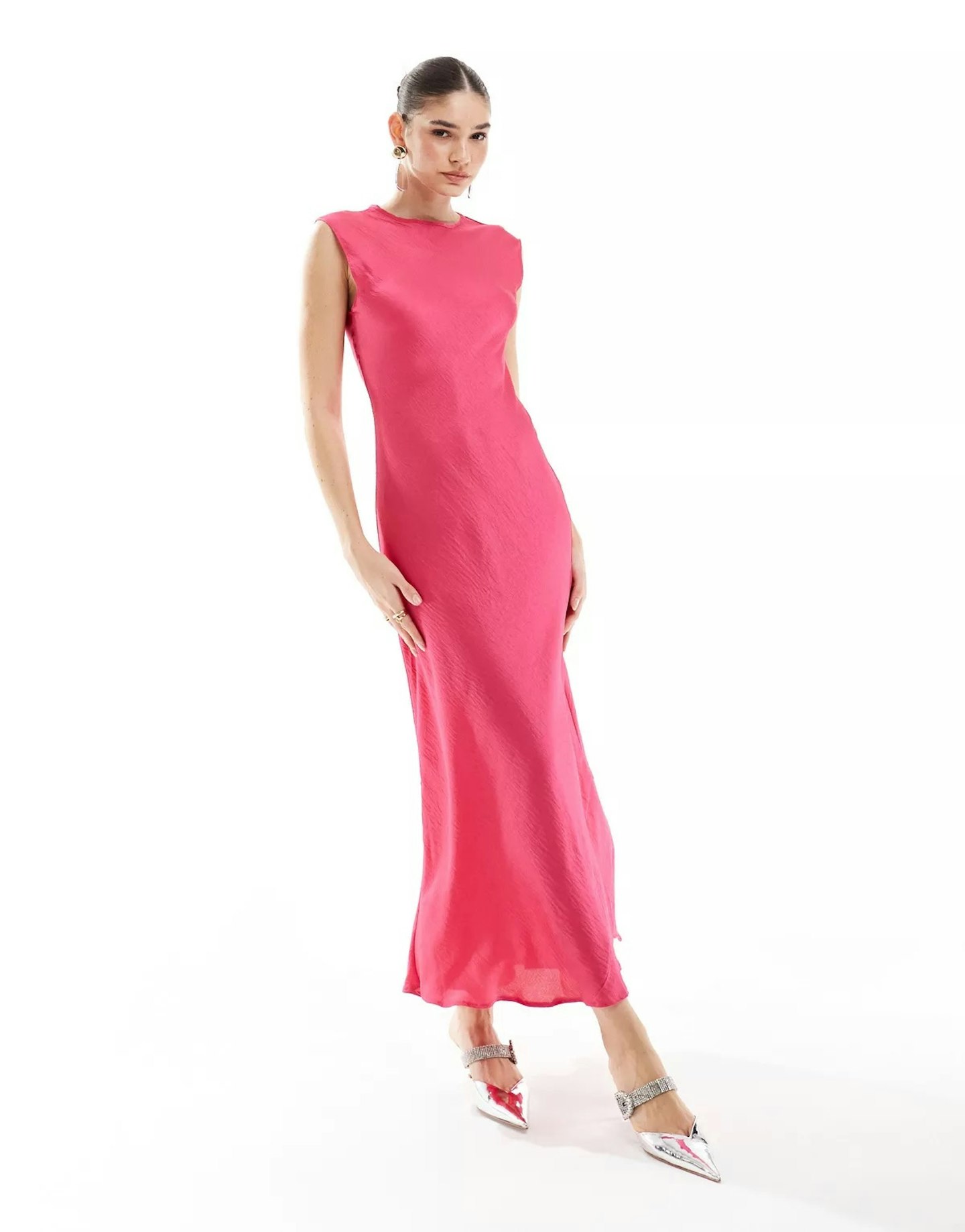 ASOS Design Satin Midi Dress in Fuschia 