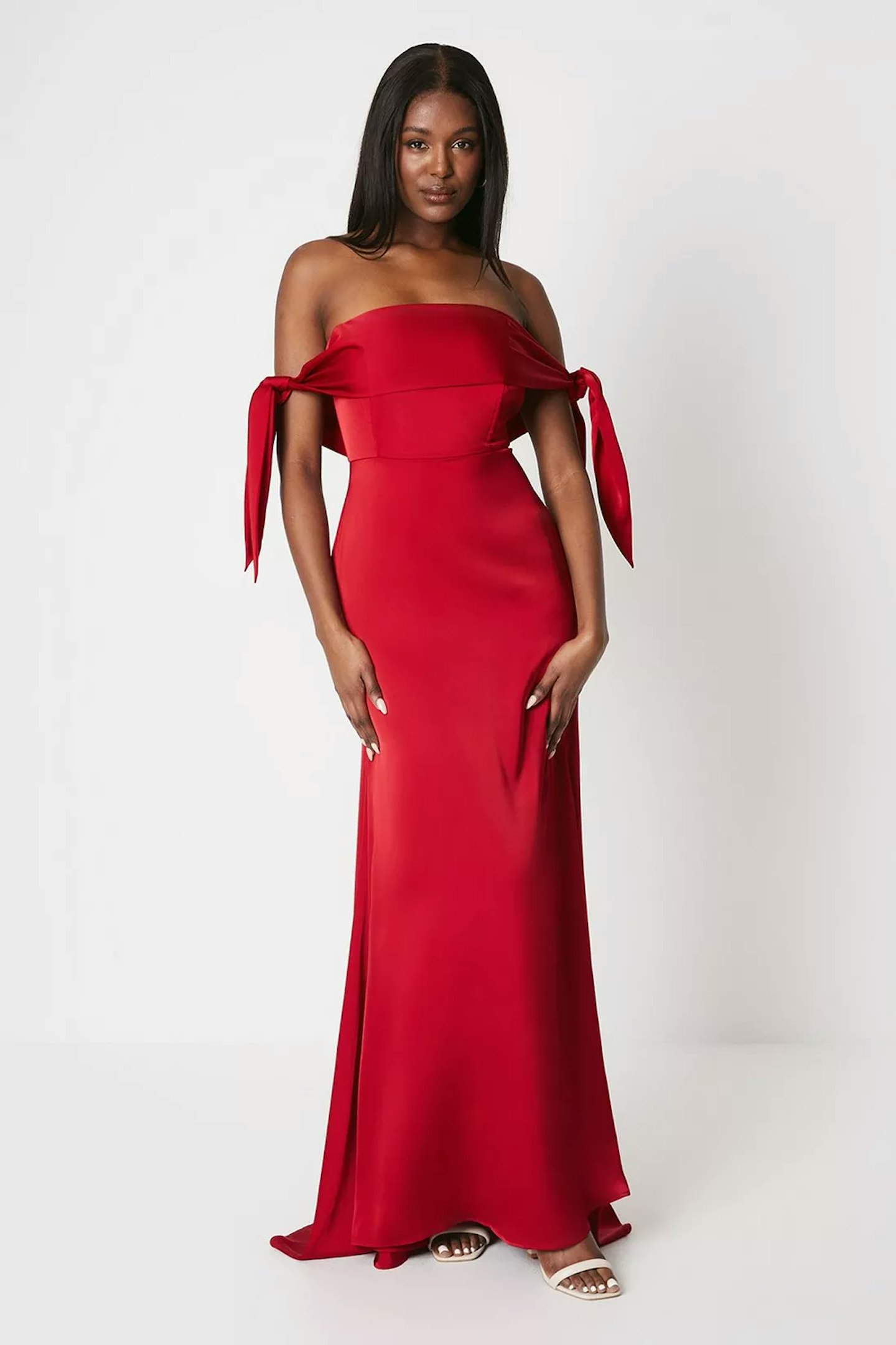 Coast Bardot Tie Shoulder Satin Gown