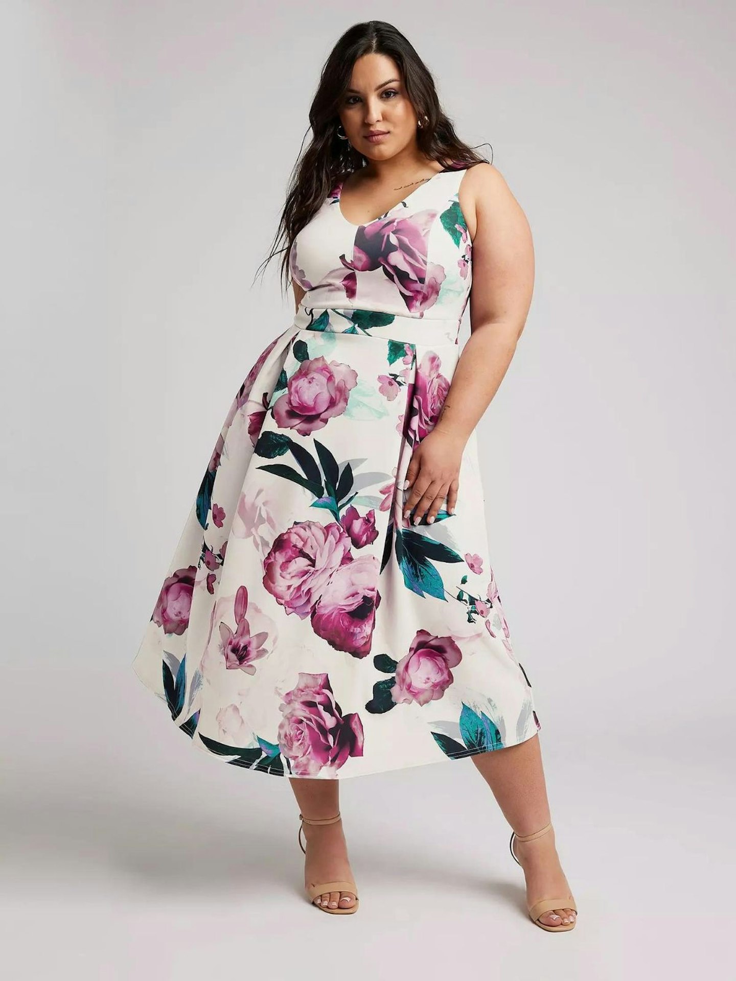 Yours Curve Floral V Neck Pleated Dress