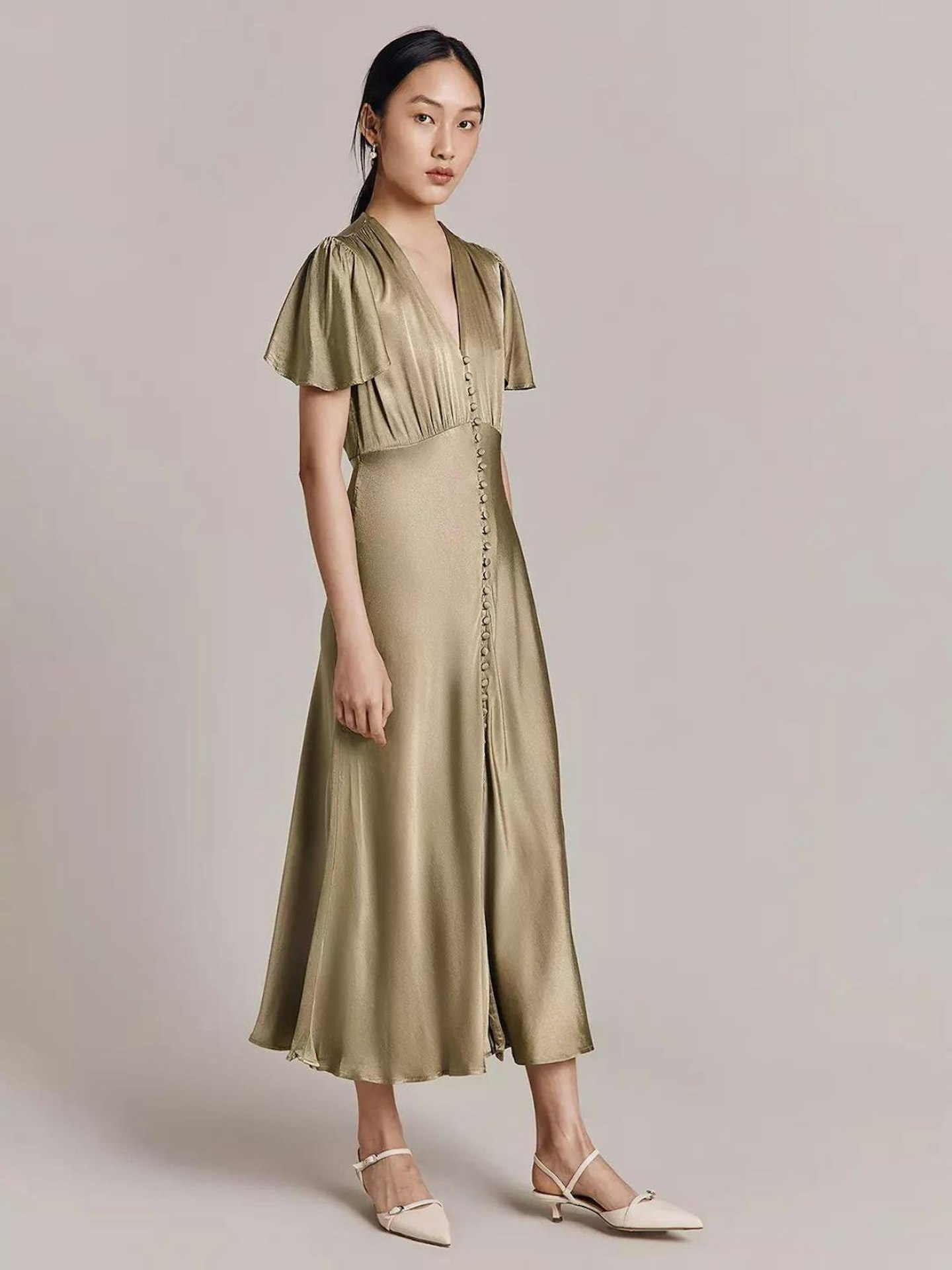 Ghost Grace Satin Swing Midi Dress In Sage