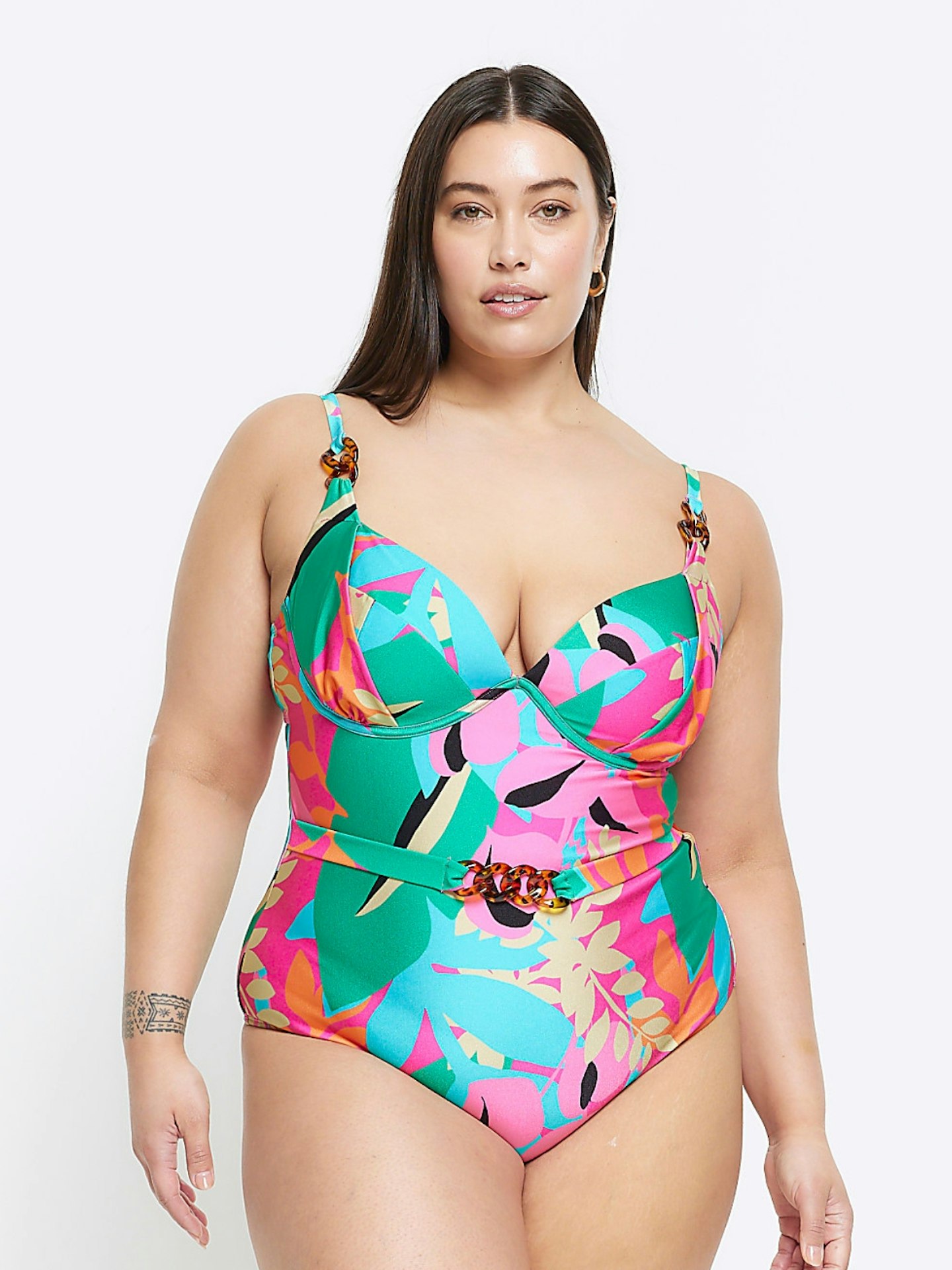 River Island Plus Purple Abstract Belted Swimsuit