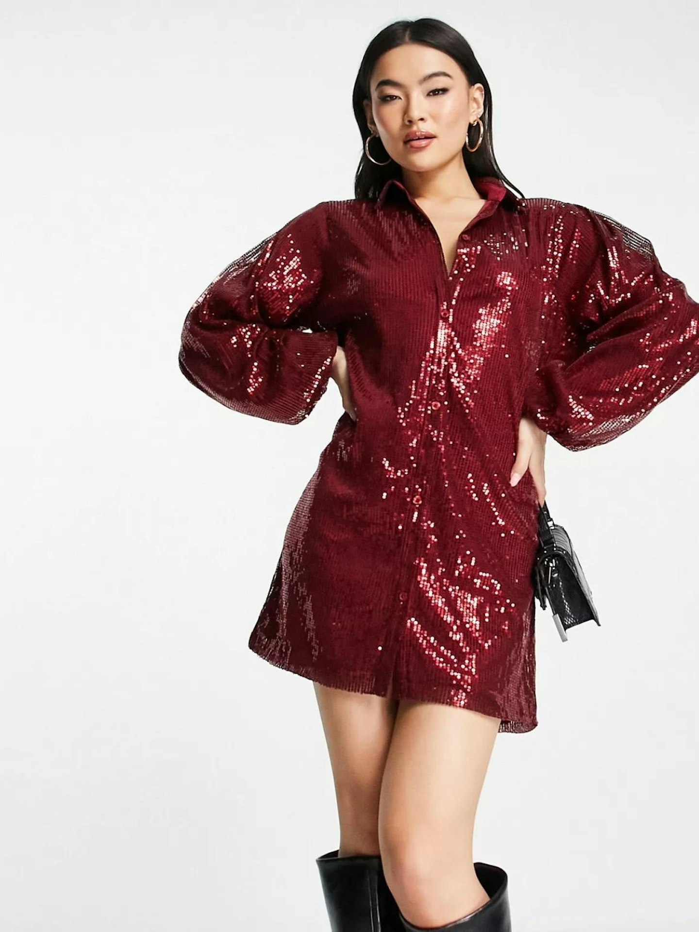 ASOS NaaNaa Sequin Mini Shirt Dress With Long Sleeves In Burgundy