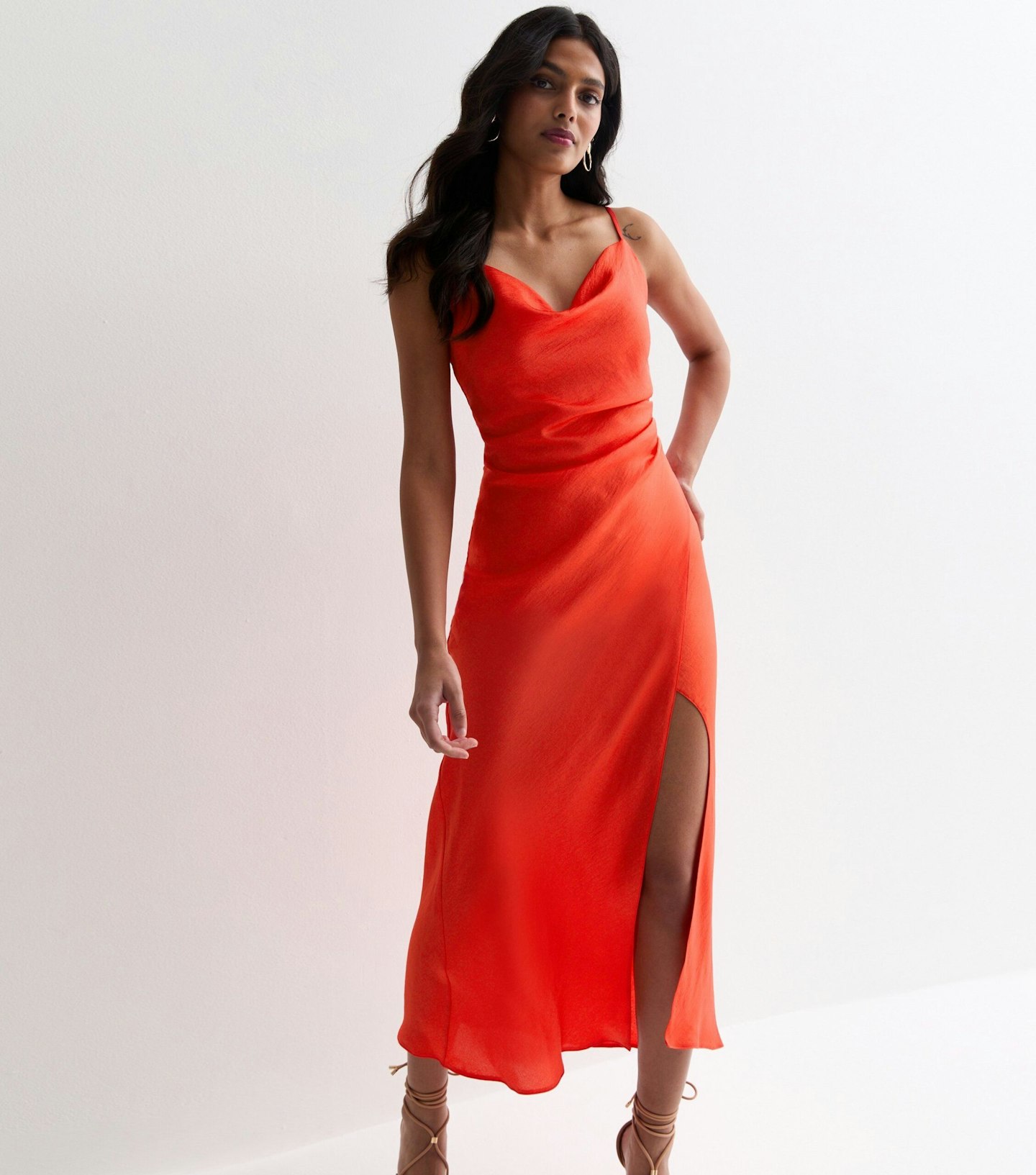 New Look Red Satin Cowl Neck Strappy Wrap Front Midi Dress