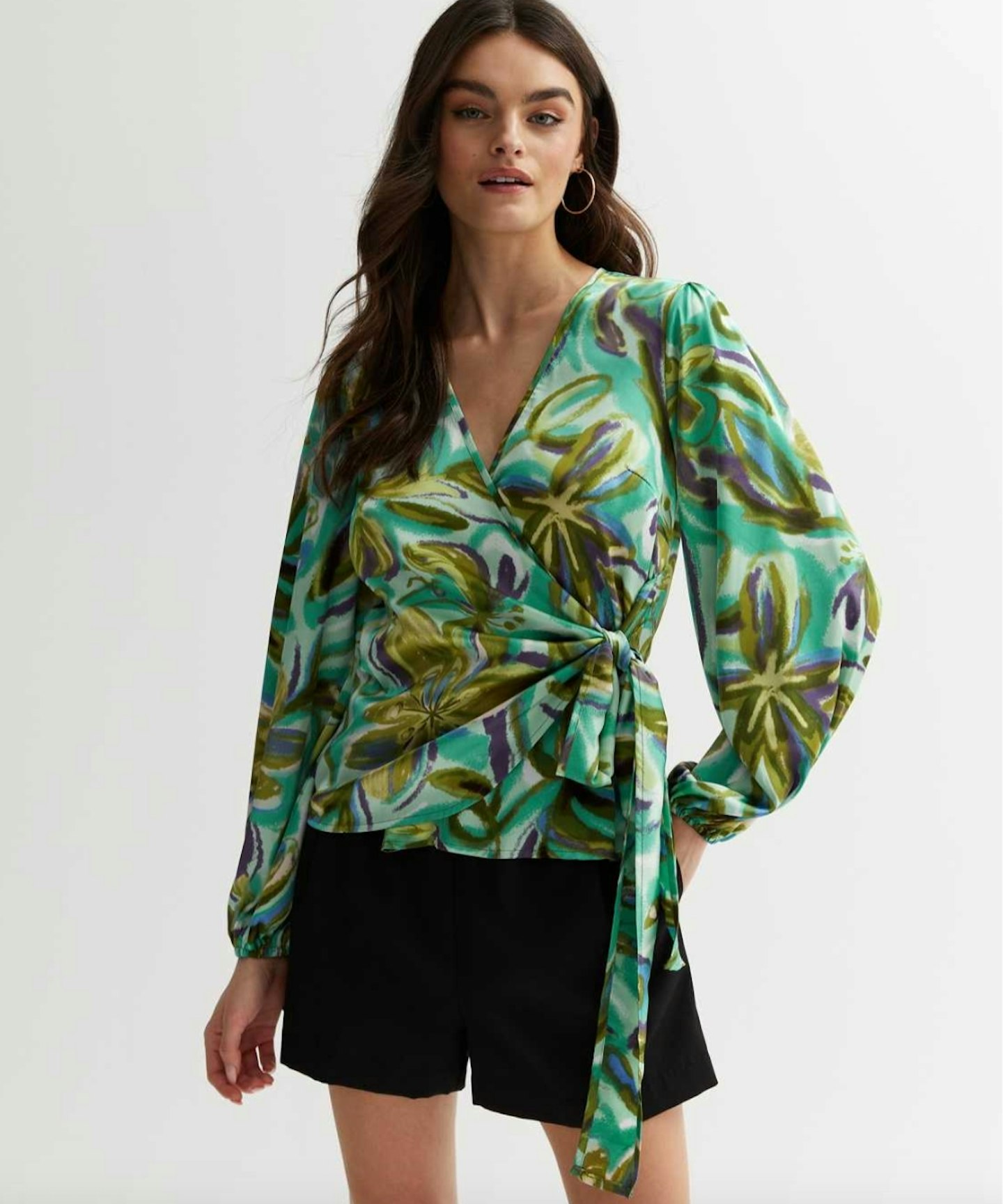New Look, Gini London Green Floral Satin Puff Sleeve Wrap Blouse