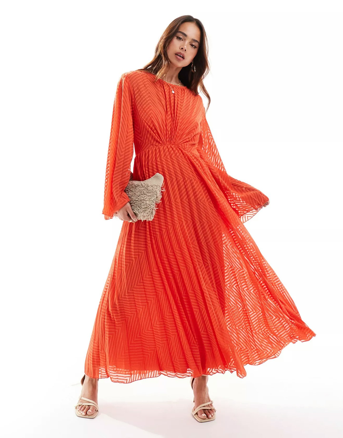 ASOS Design Tie Back Fluted Sleeve Pleated Chevron Chiffon Midi Dress in Coral