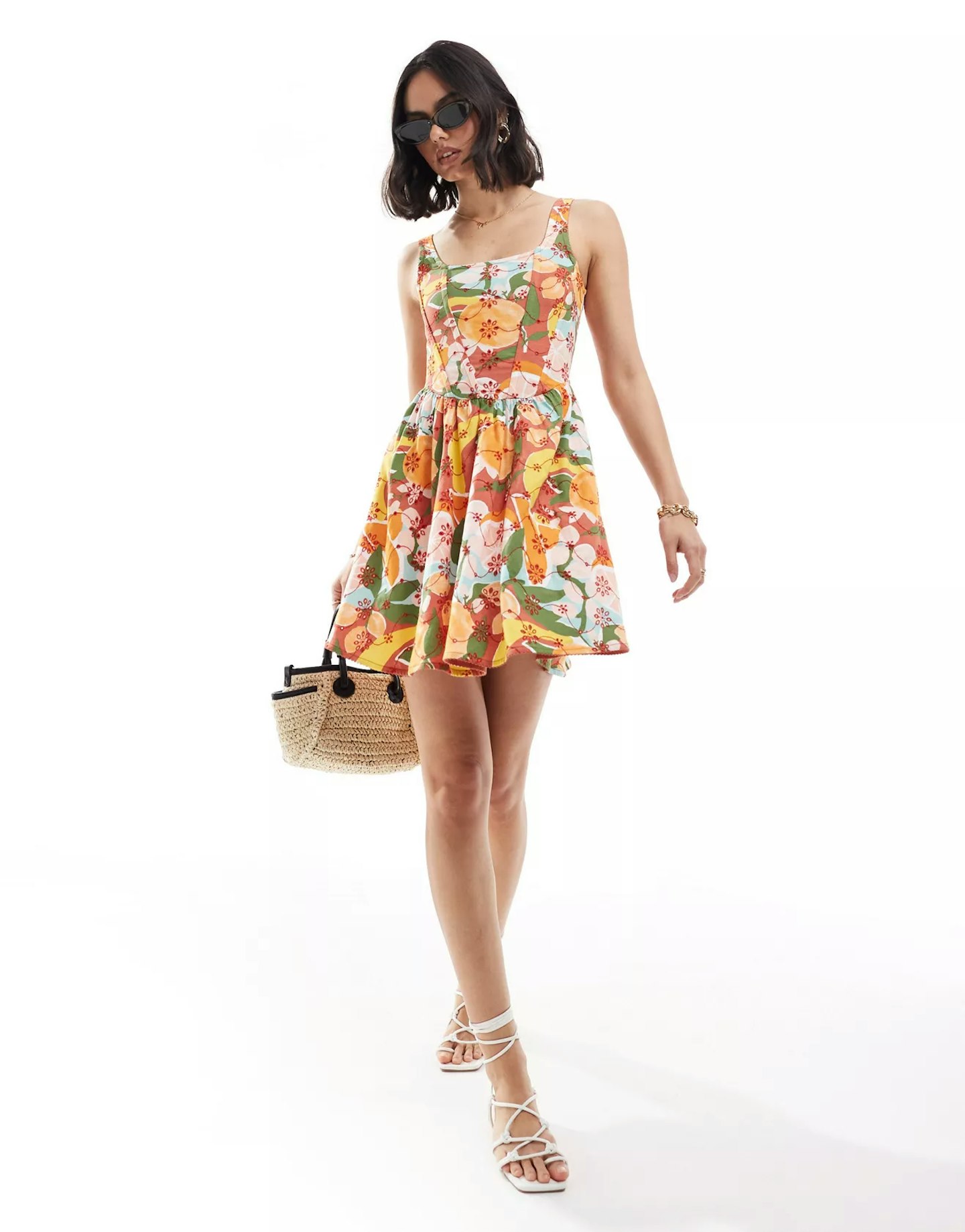 ASOS Design Cami Floral Broderie Skater Mini Dress in Vibrant Fruit Print