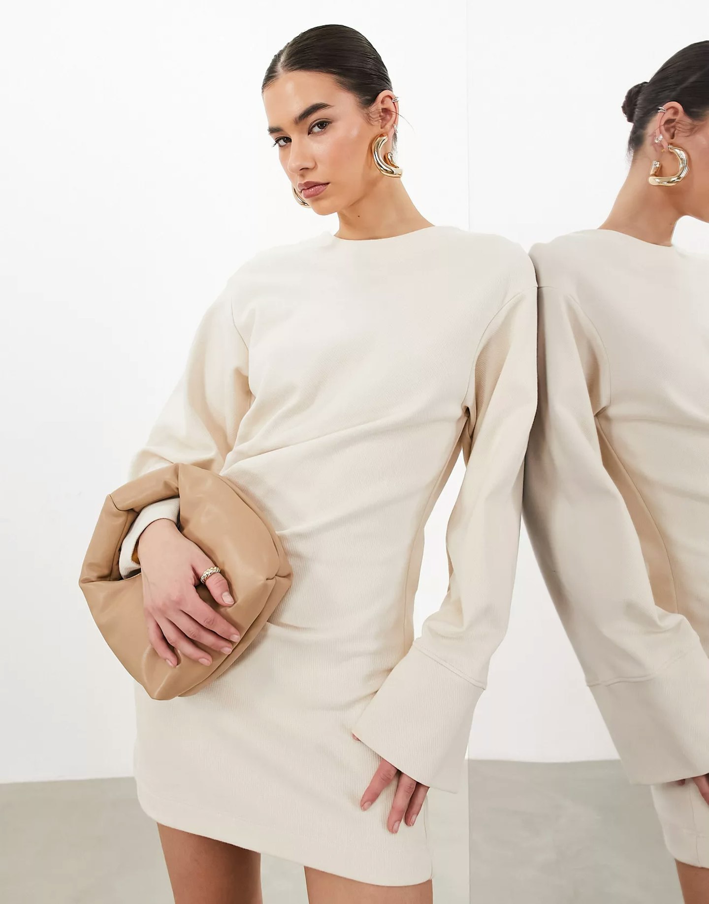 ASOS Edition Premium Jersey Long Sleeve Mini Dress in Ecru