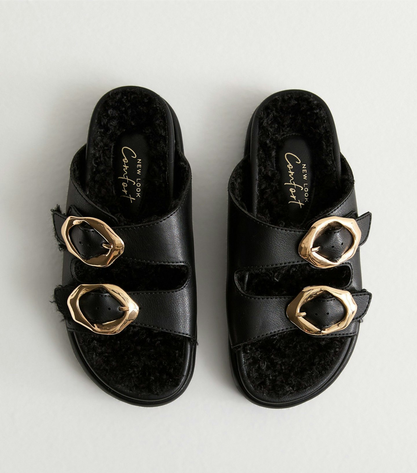 New Look Black Faux-Fur Trim Flat Leather Look Sandals