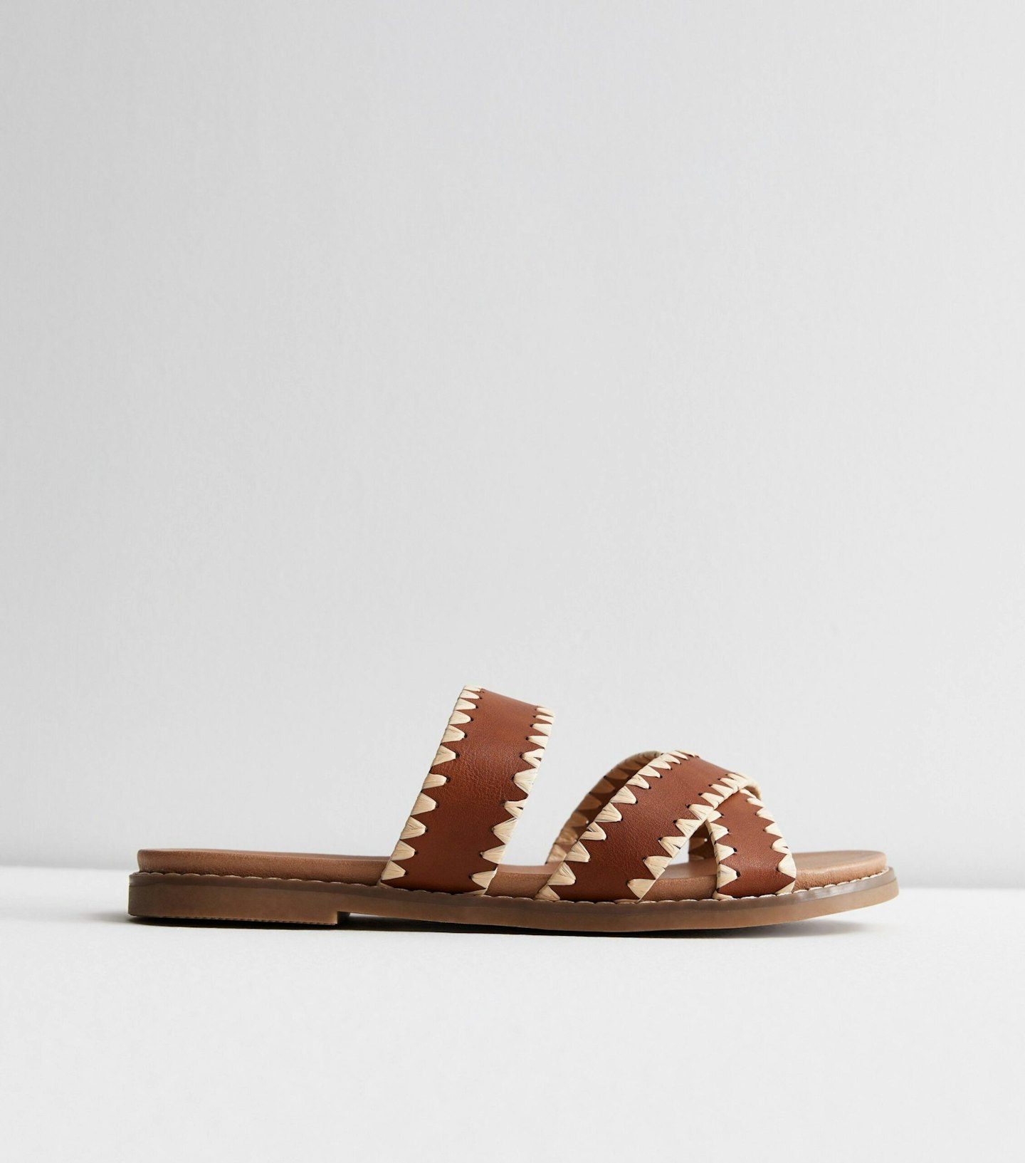 New Look Tan Leather-Look Stitch Cross Over Sliders