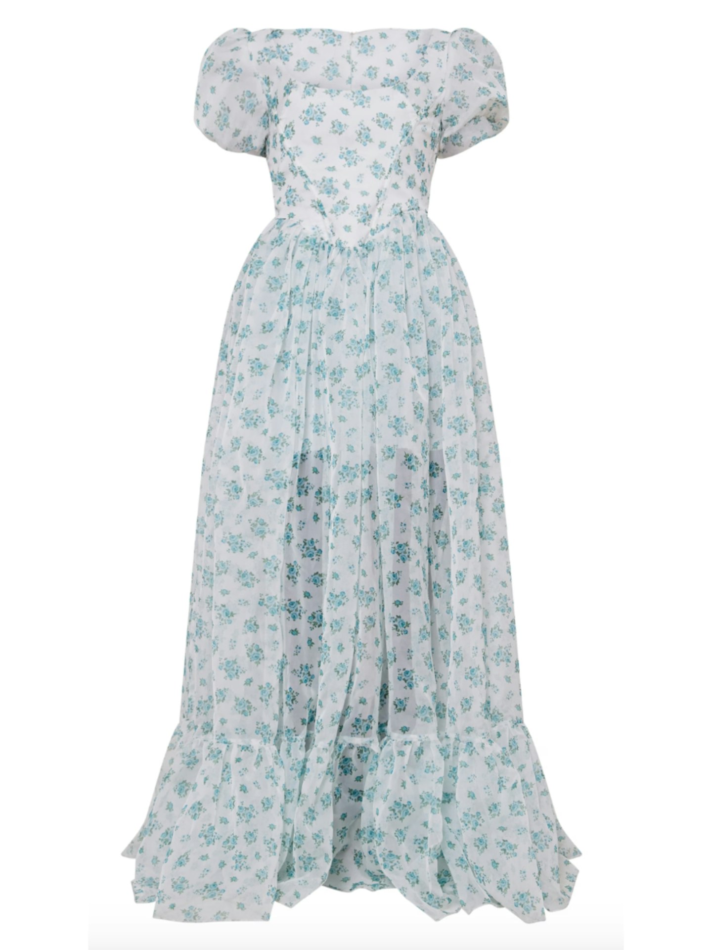 PrettyLittleThing Blue Floral Corset Puff Sleeve Tiered Skater Maxi Dress