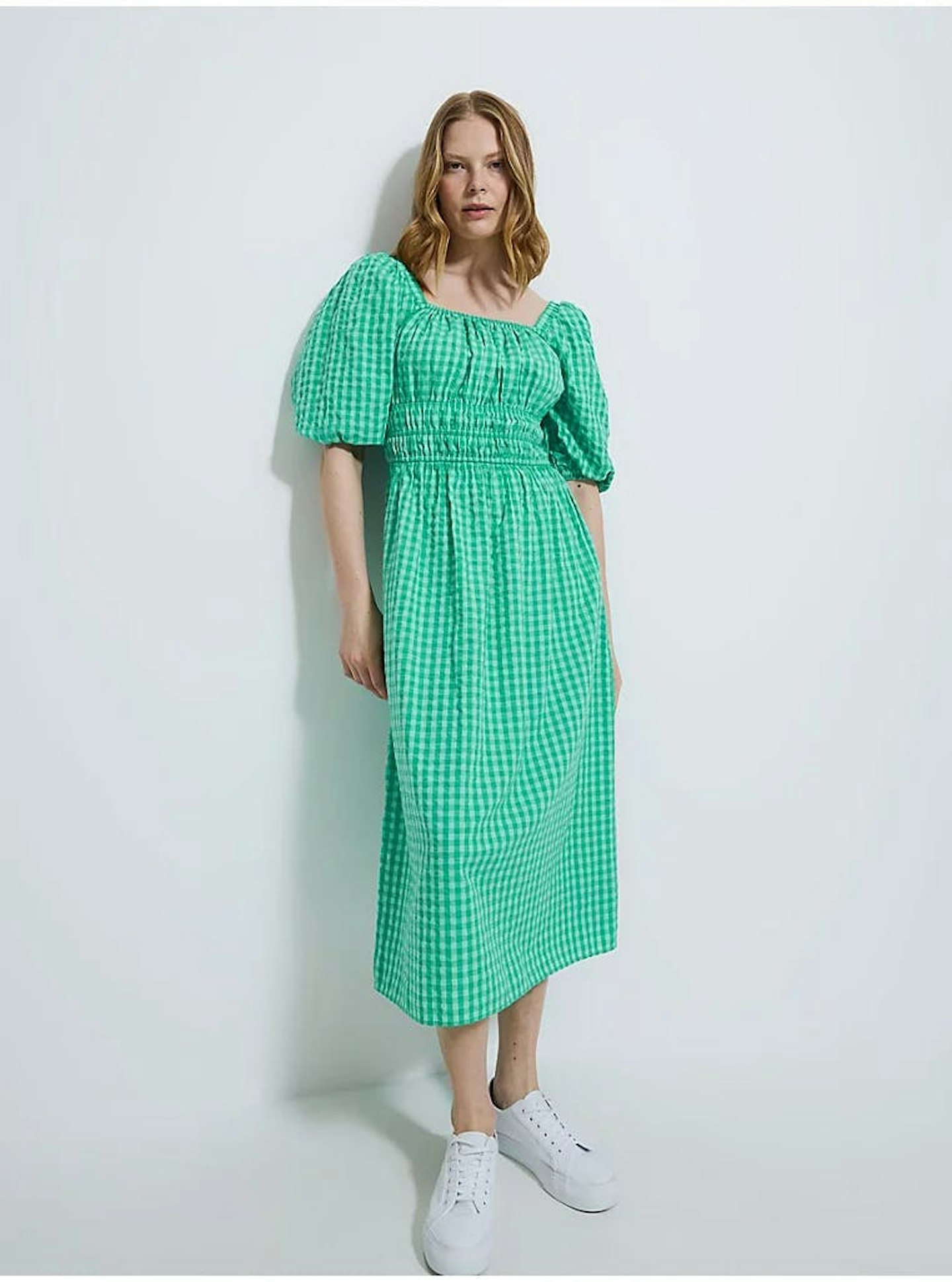 Green Gingham Puff Sleeve Midi Dress
