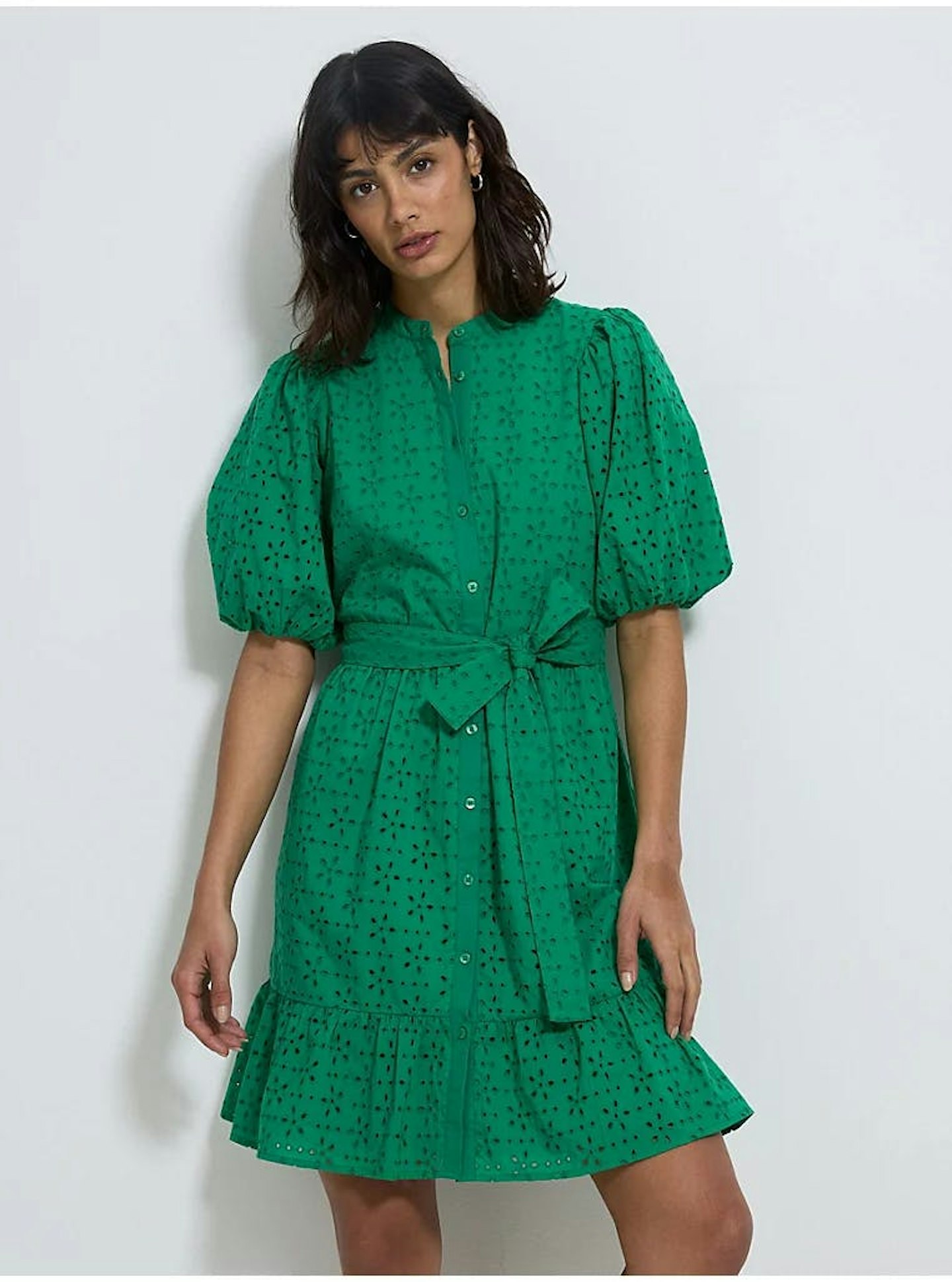 Green Broderie Belted Puff Sleeve Mini Dress