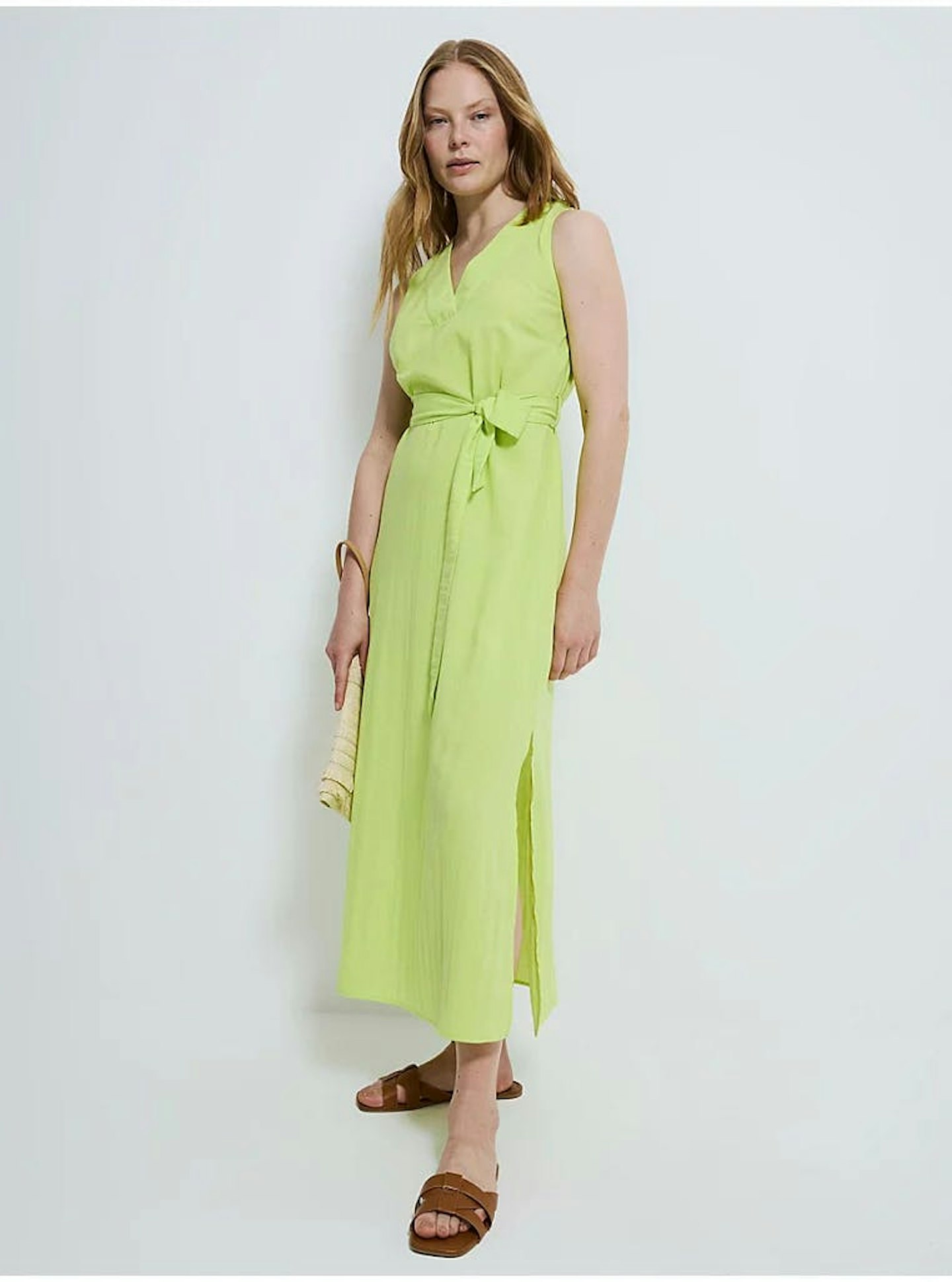 Lime V Neck Belted Sleeveless Midi Dress