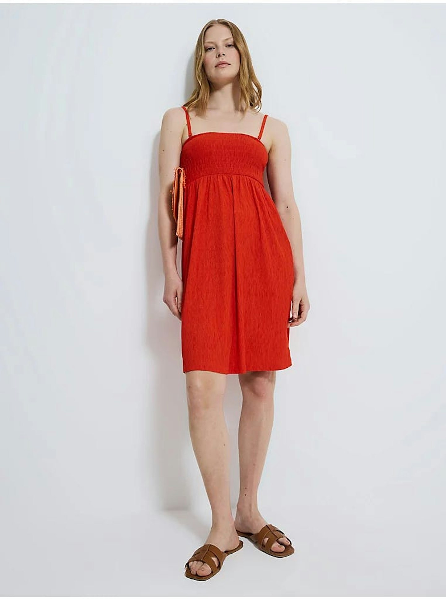 Red Shirred Crepe Mini Dress