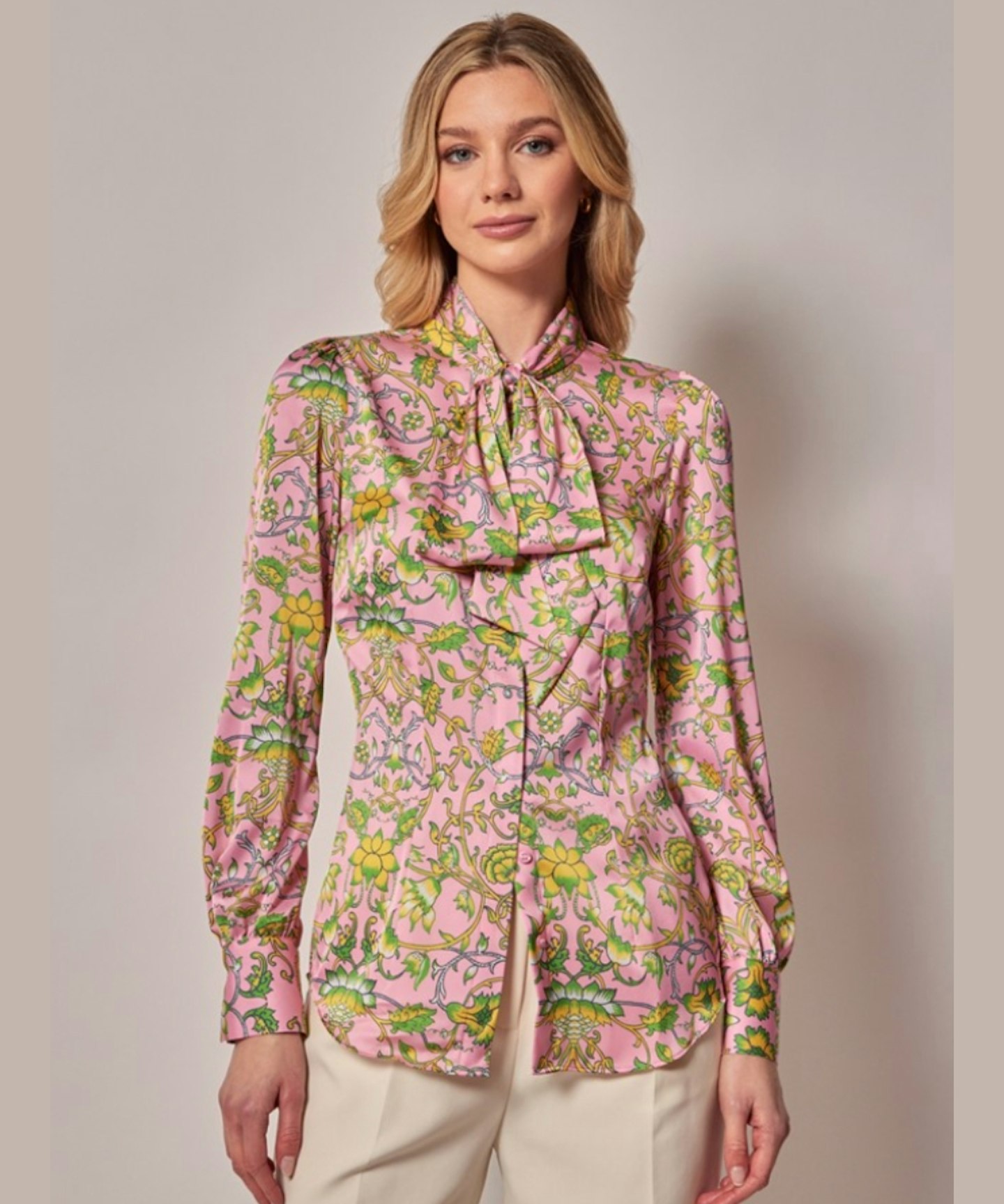 Hawes & Curtis Pink & Green Floral Satin Pussybow Blouse