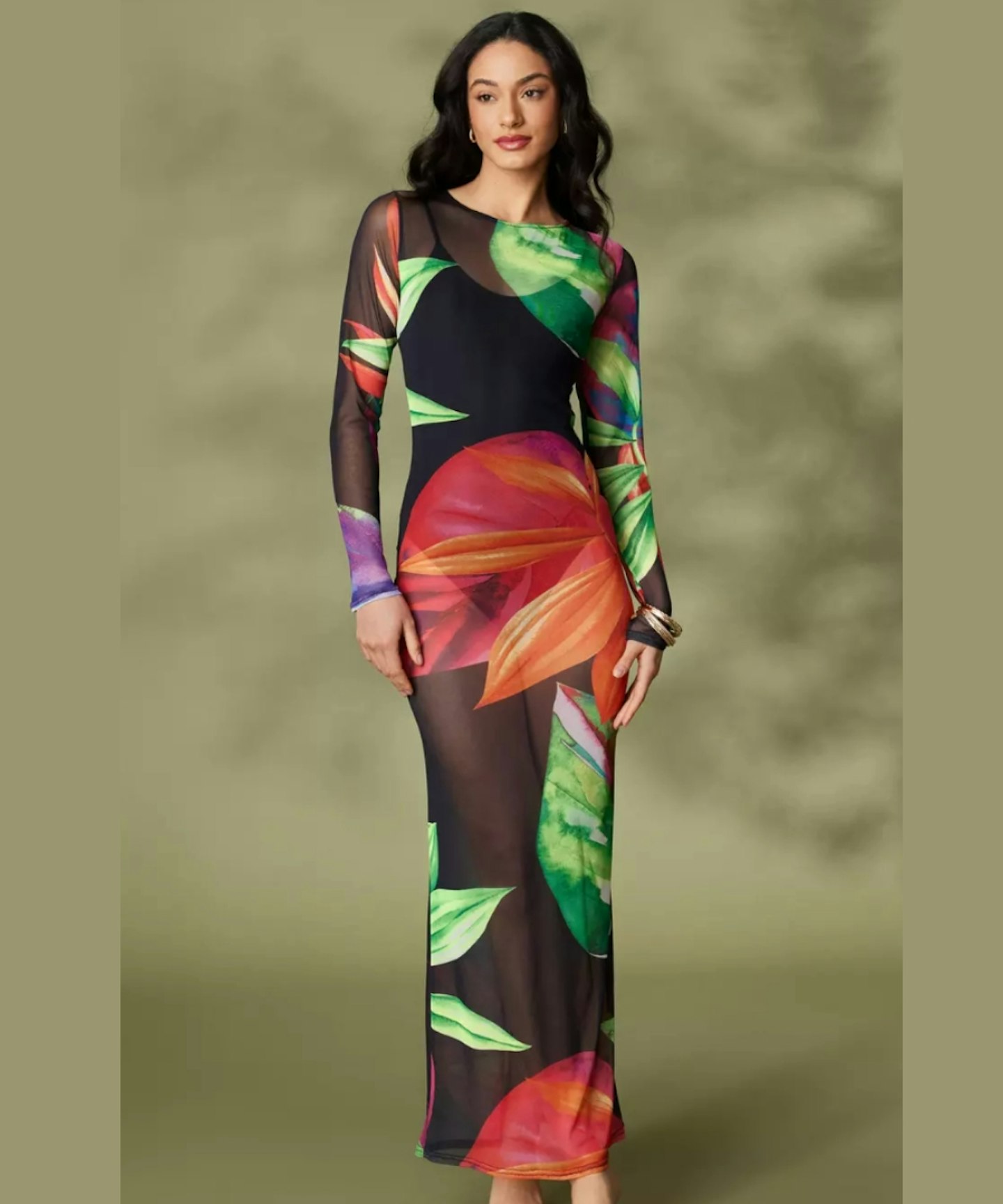 QUIZ Black Mesh Tropical Print Maxi Dress