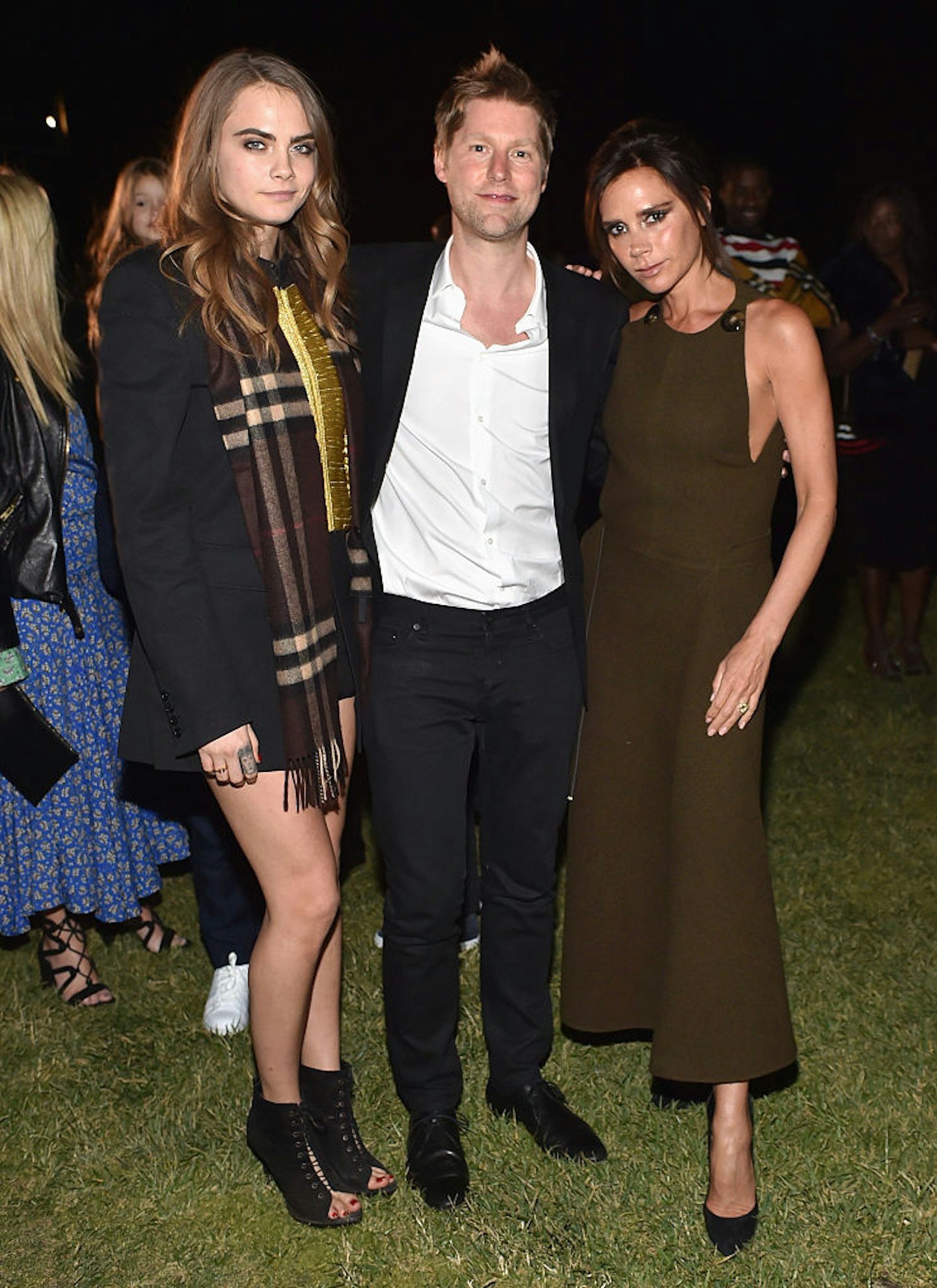 Cara Delevingne, Burberry CEO Christopher Bailey and Victoria Beckham in 2015