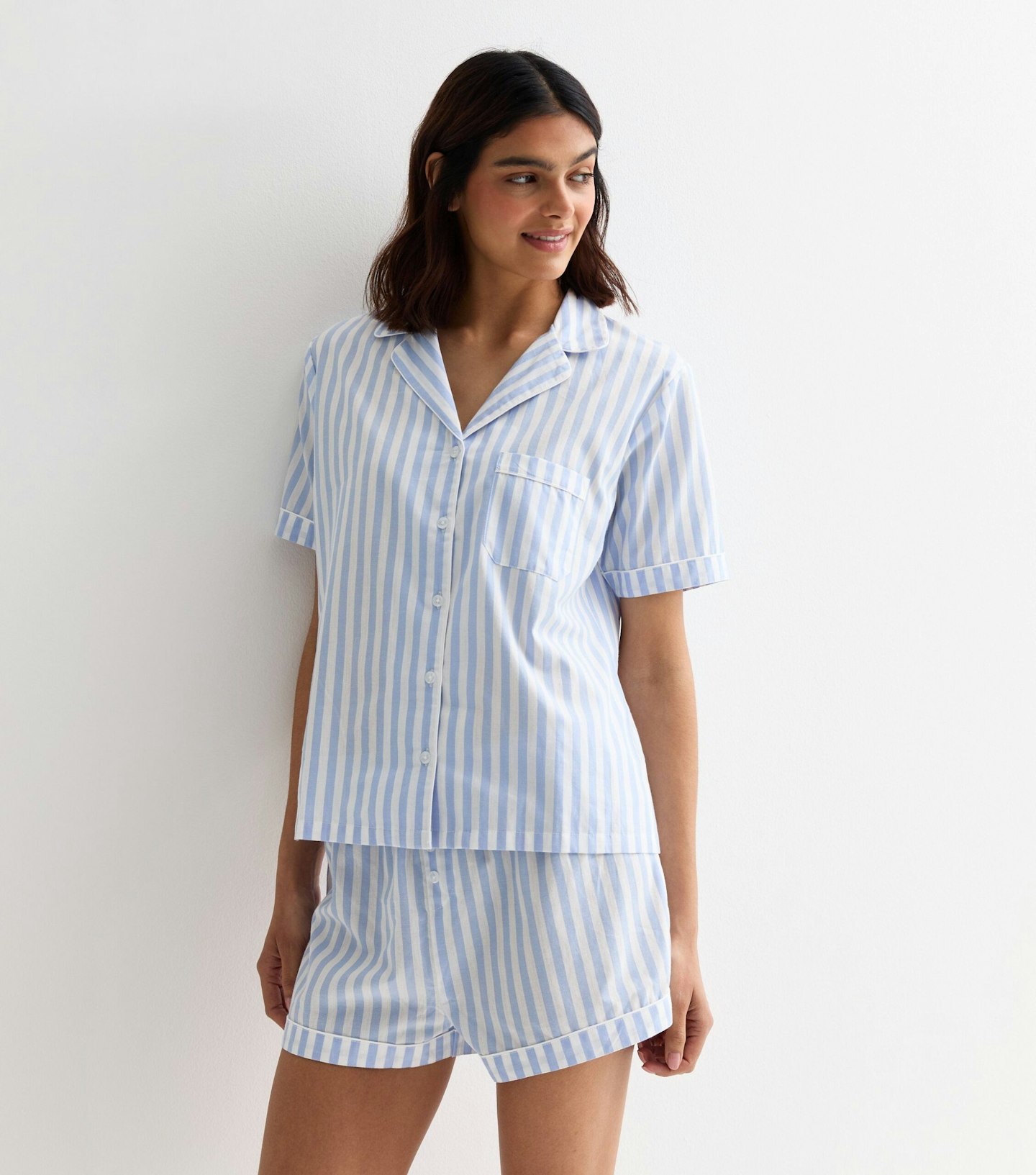 New Look blue stripe shorts shirt pyjama set