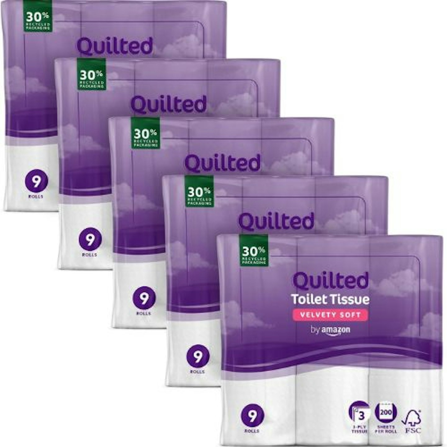 by Amazon Toilet Roll, 3-ply Quilted, Velvety Soft, 45 Rolls (5 Packs of 9)