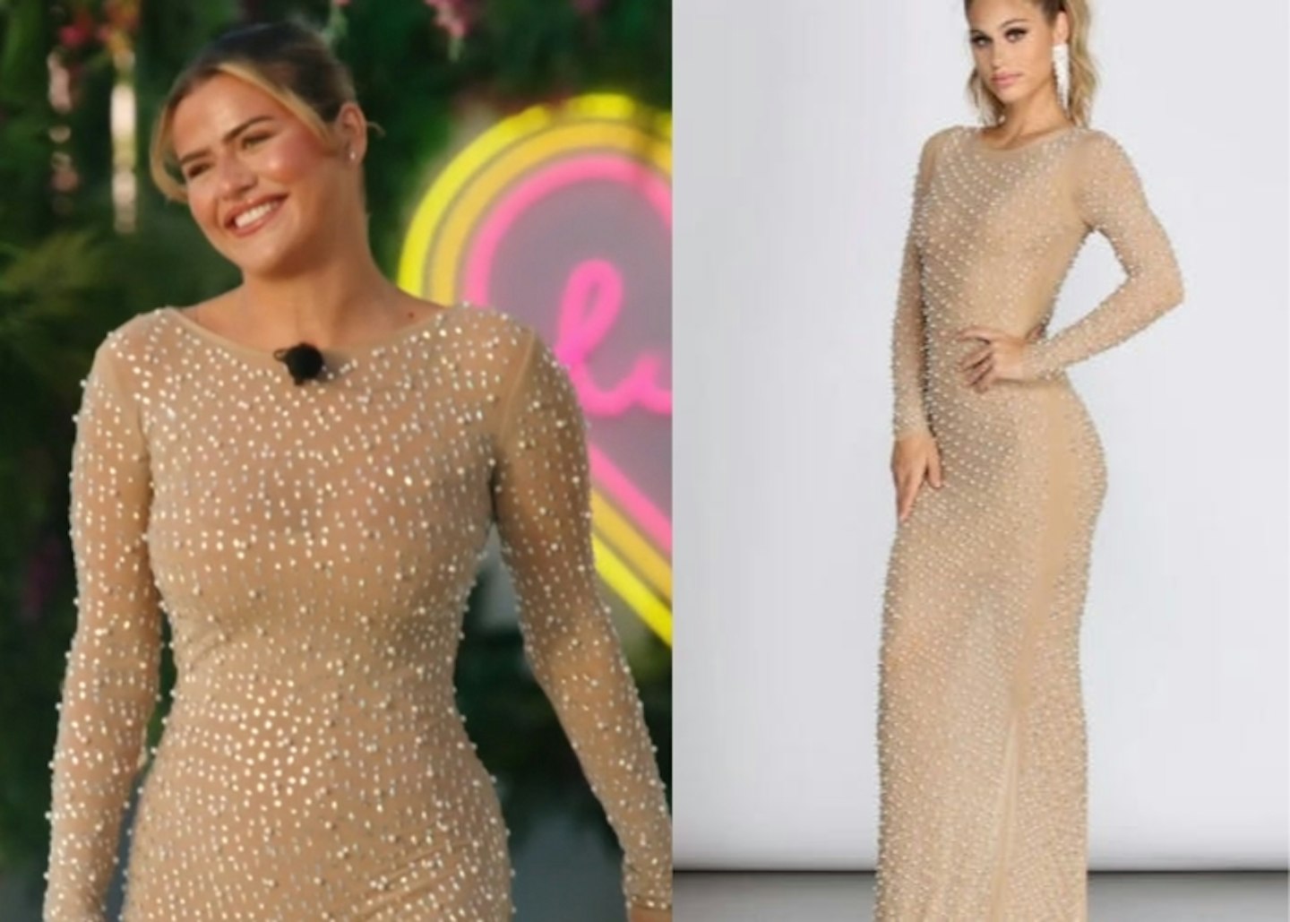 Matilda Draper's Bejewelled Nude Maxi Dress