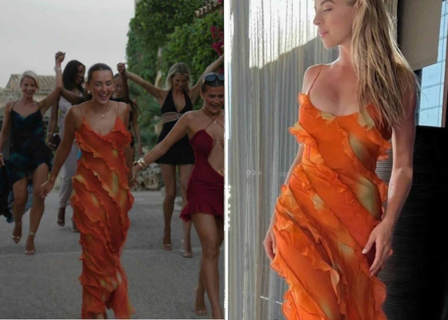 Jess White's Orange Ruffle Maxi Dress