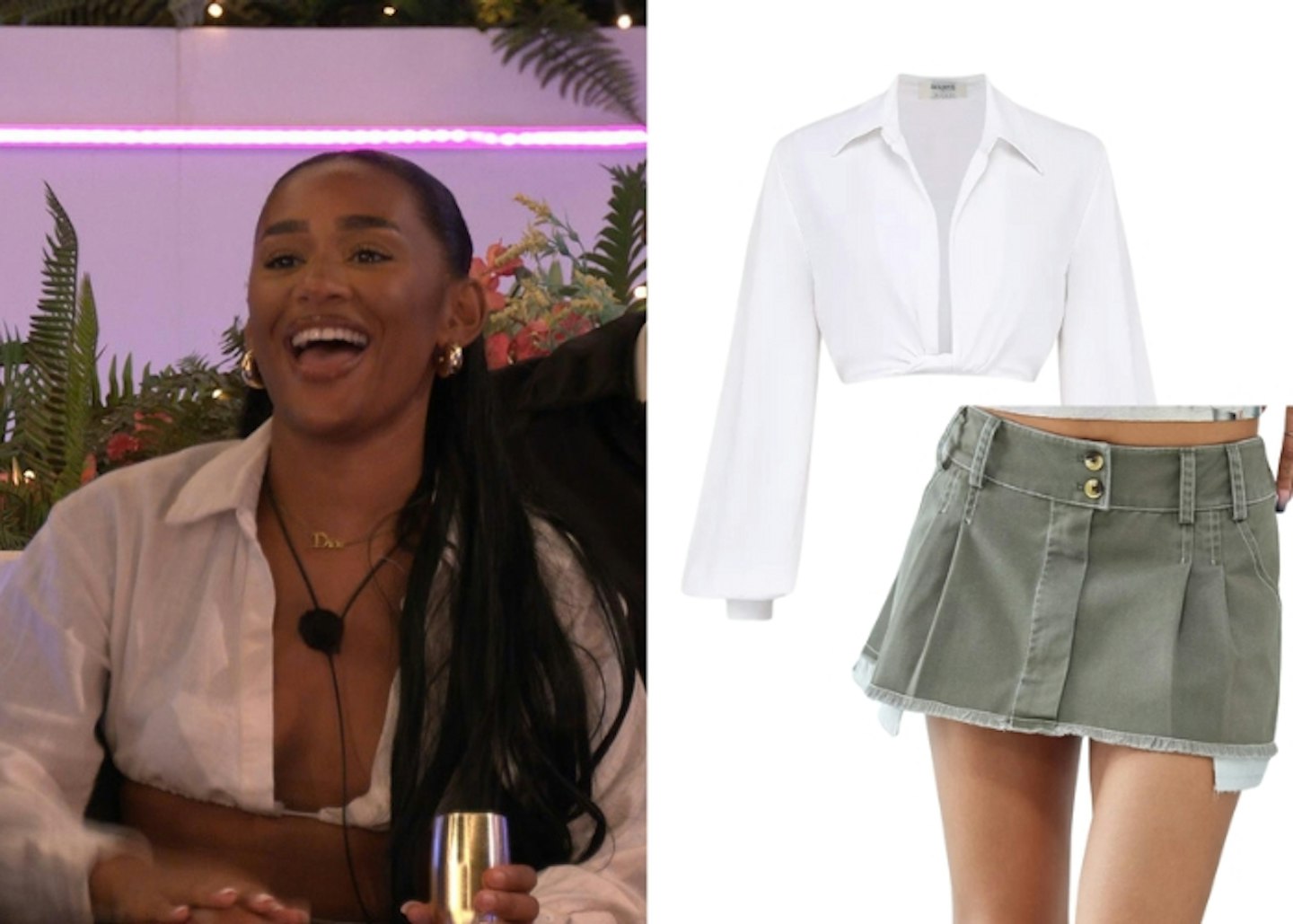 Jessica Spender's White Cropped Shirt and Mini Skirt