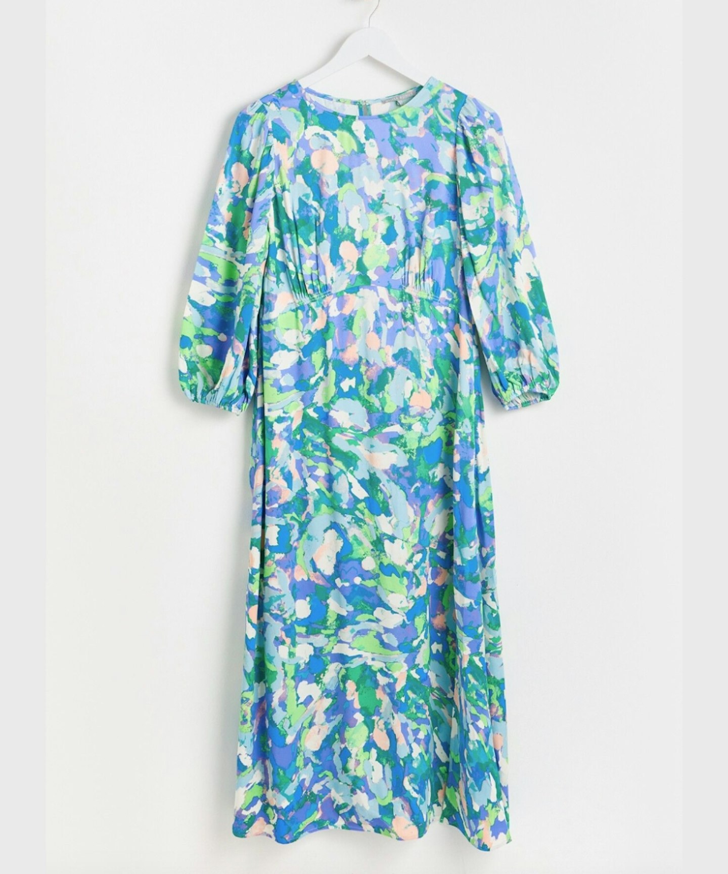 Oliver Bonas Water Waves Print Blue Satin Midi Dress