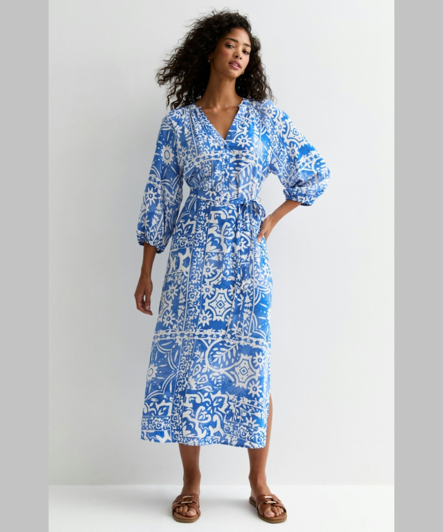 New Look, Blue Tile Print Grandad Midi Shirt Dress