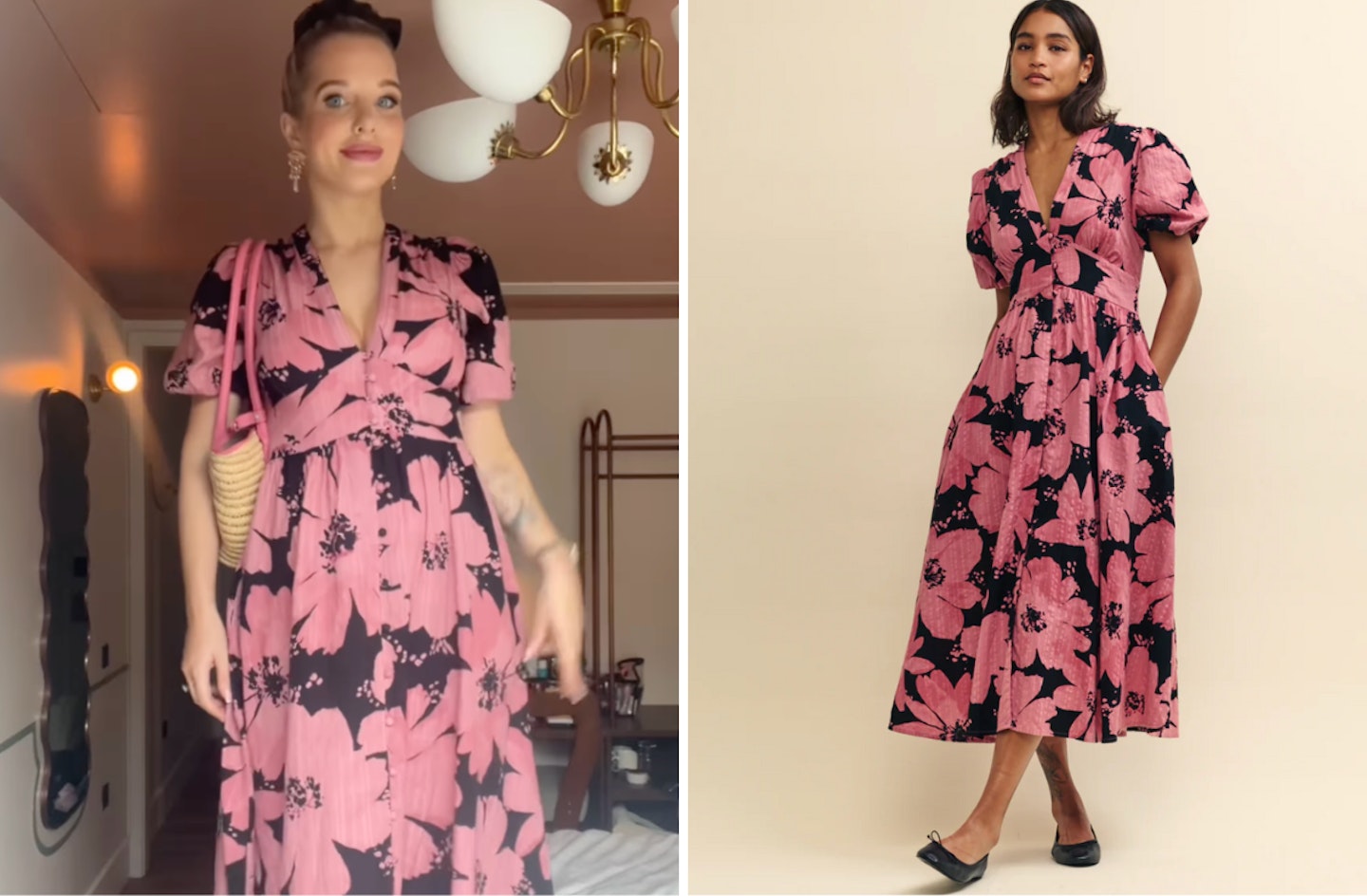 Helen's pink and black floral midi dress