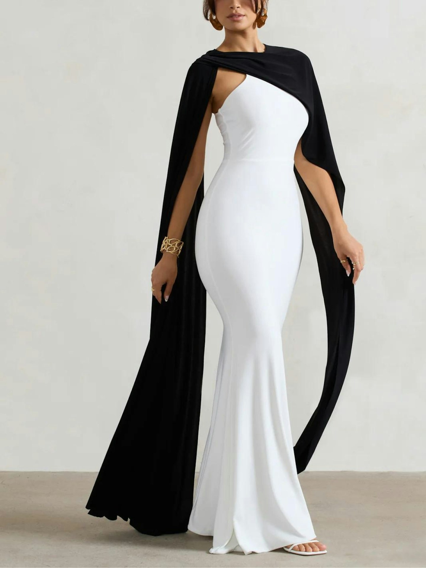 Club L London Vianna White Strapless Maxi Dress With Black Cape