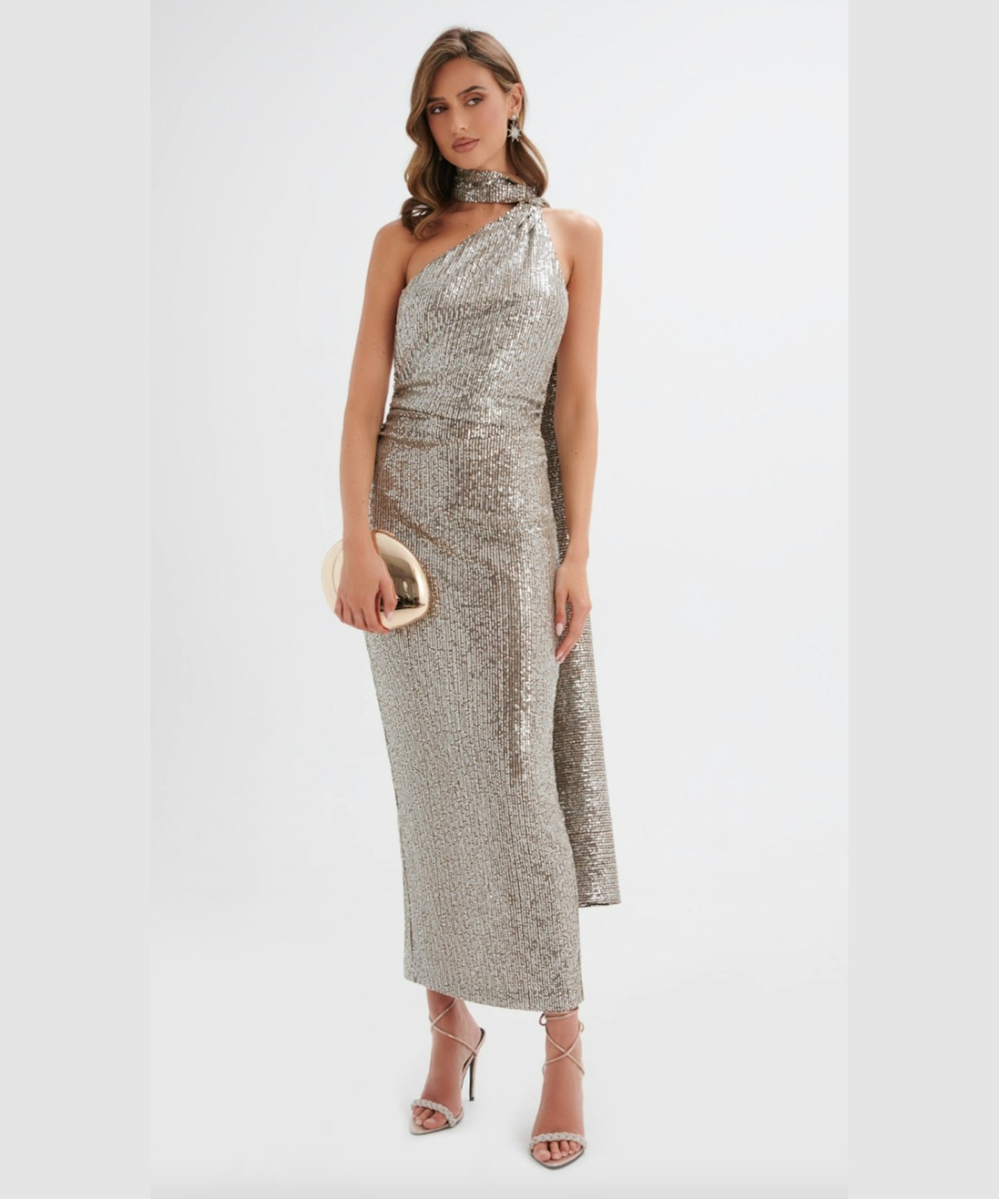 Lavish Alice, Alanni Stretch Sequin Longline Scarf Maxi Dress in Silver