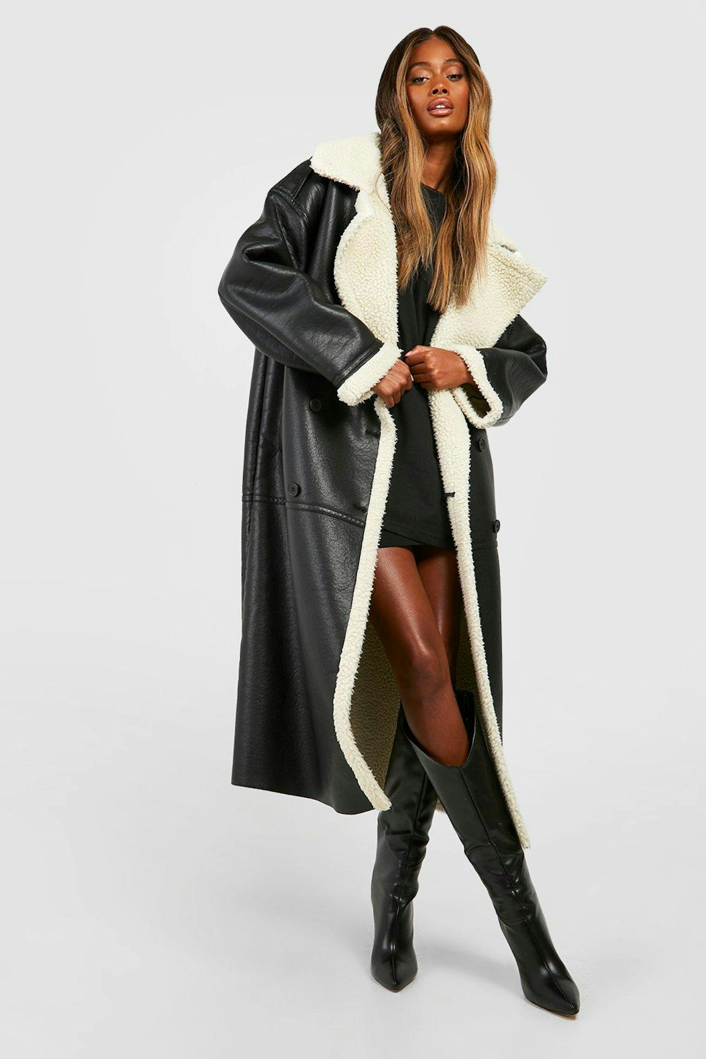 Boohoo Borg Trim Maxi Aviator Coat